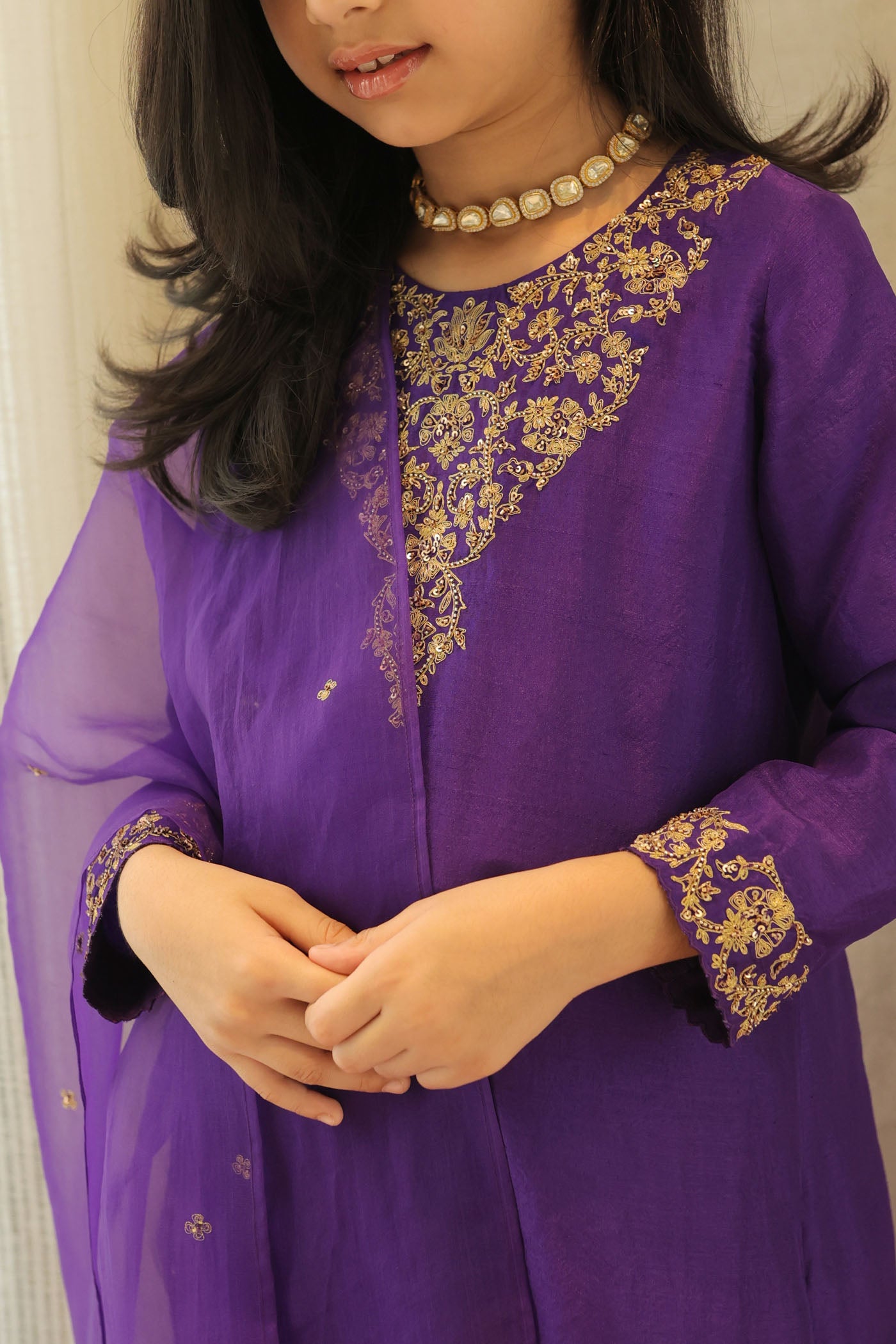 Violet silk kurta set with regal gold embroidery