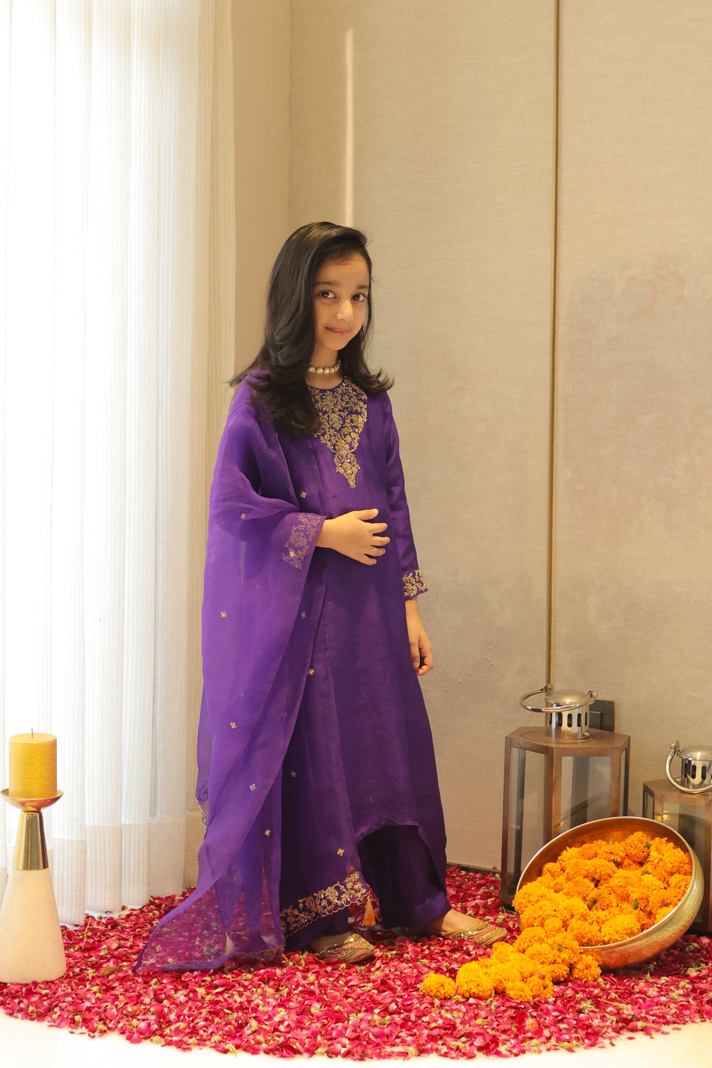 Violet silk kurta set with regal gold embroidery