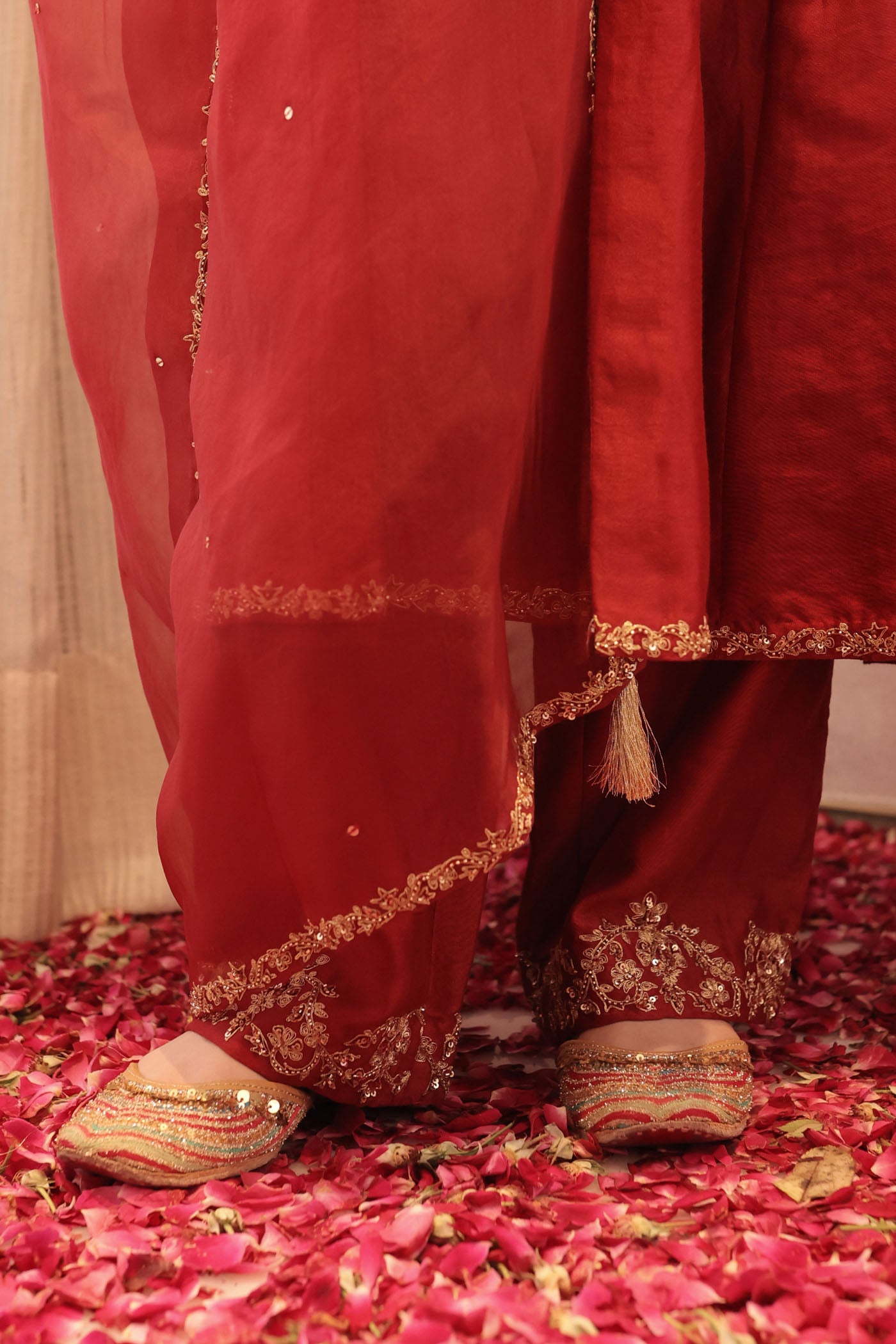 Maroon silk kurta set with intricate borders