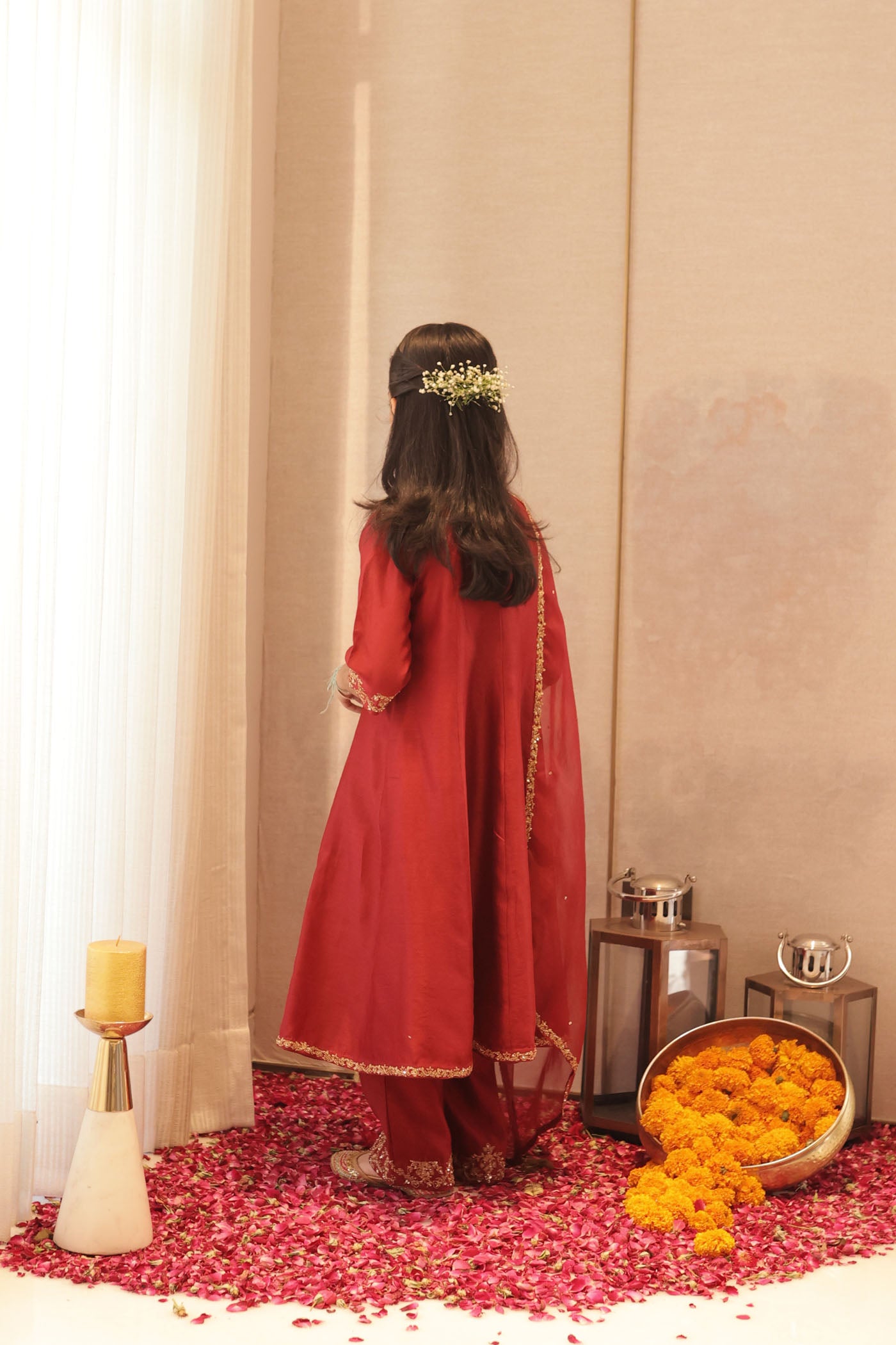Maroon silk kurta set with intricate borders