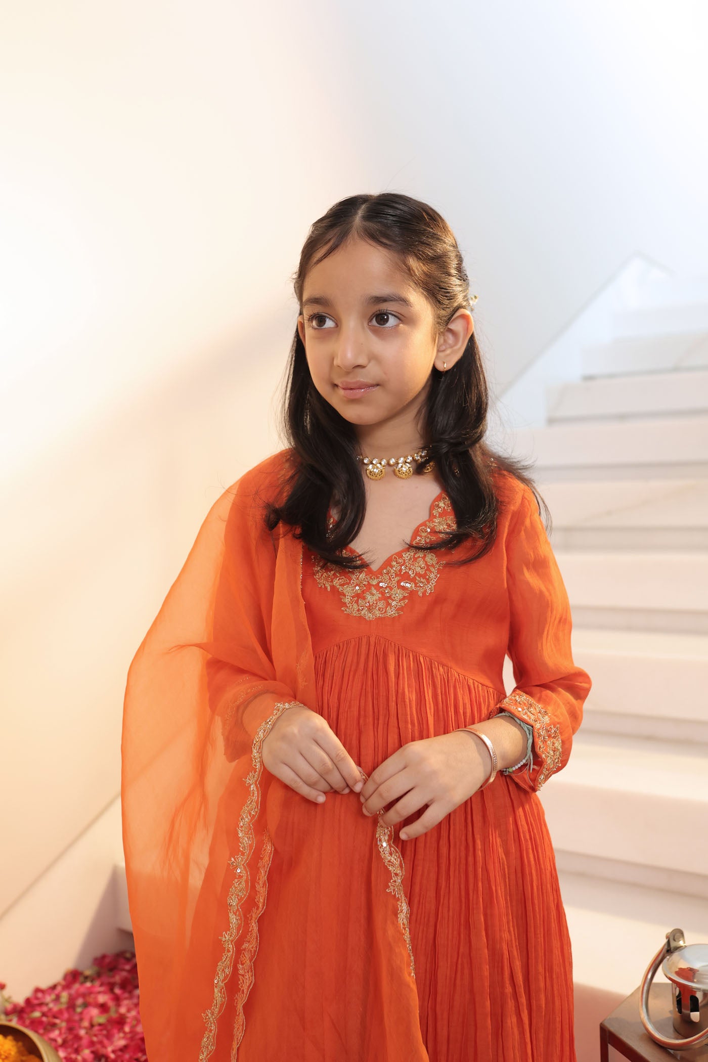 Tangerine micro pleated anarkali set with fine golden zari embroidery