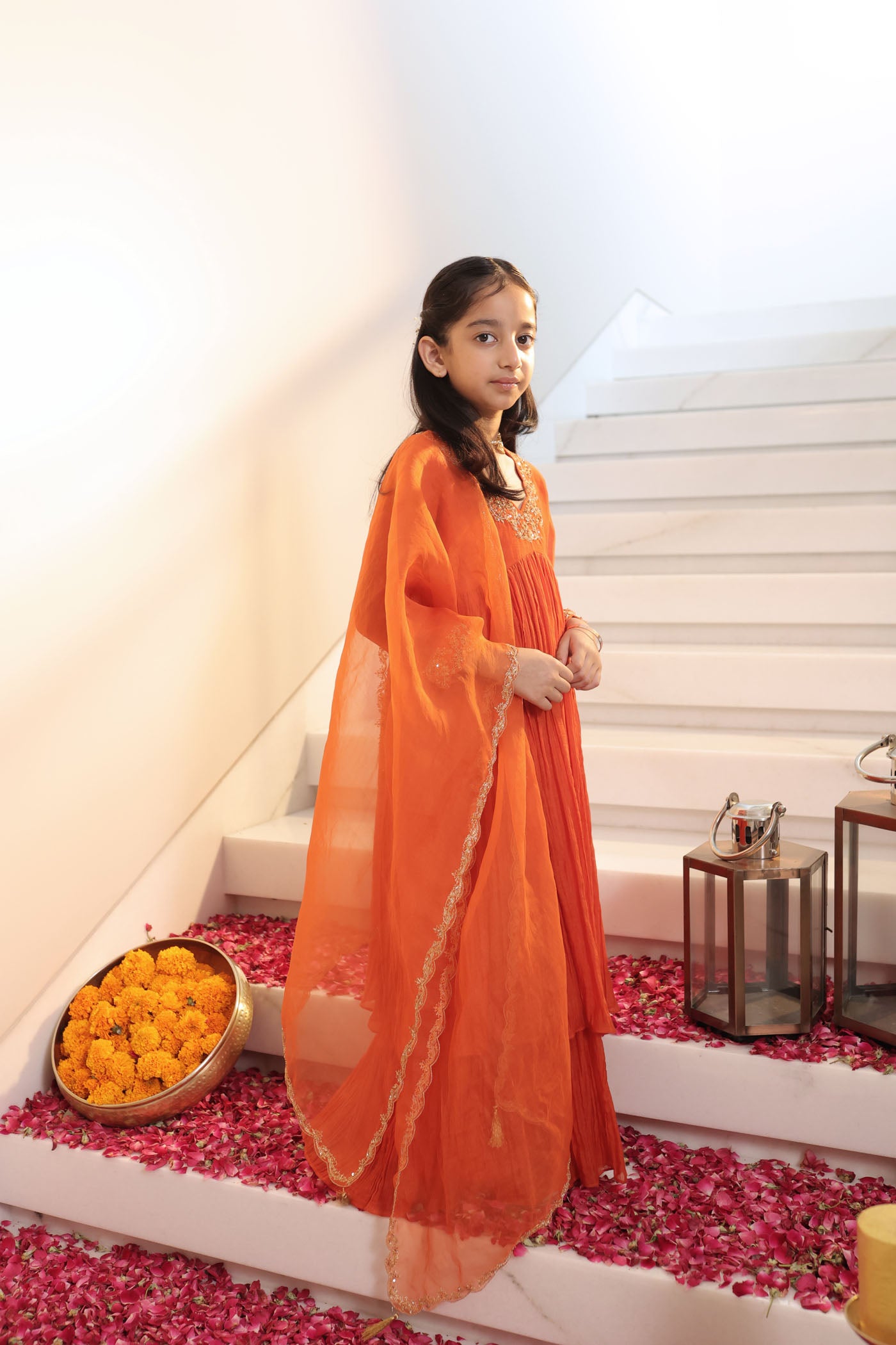 Tangerine micro pleated anarkali set with fine golden zari embroidery
