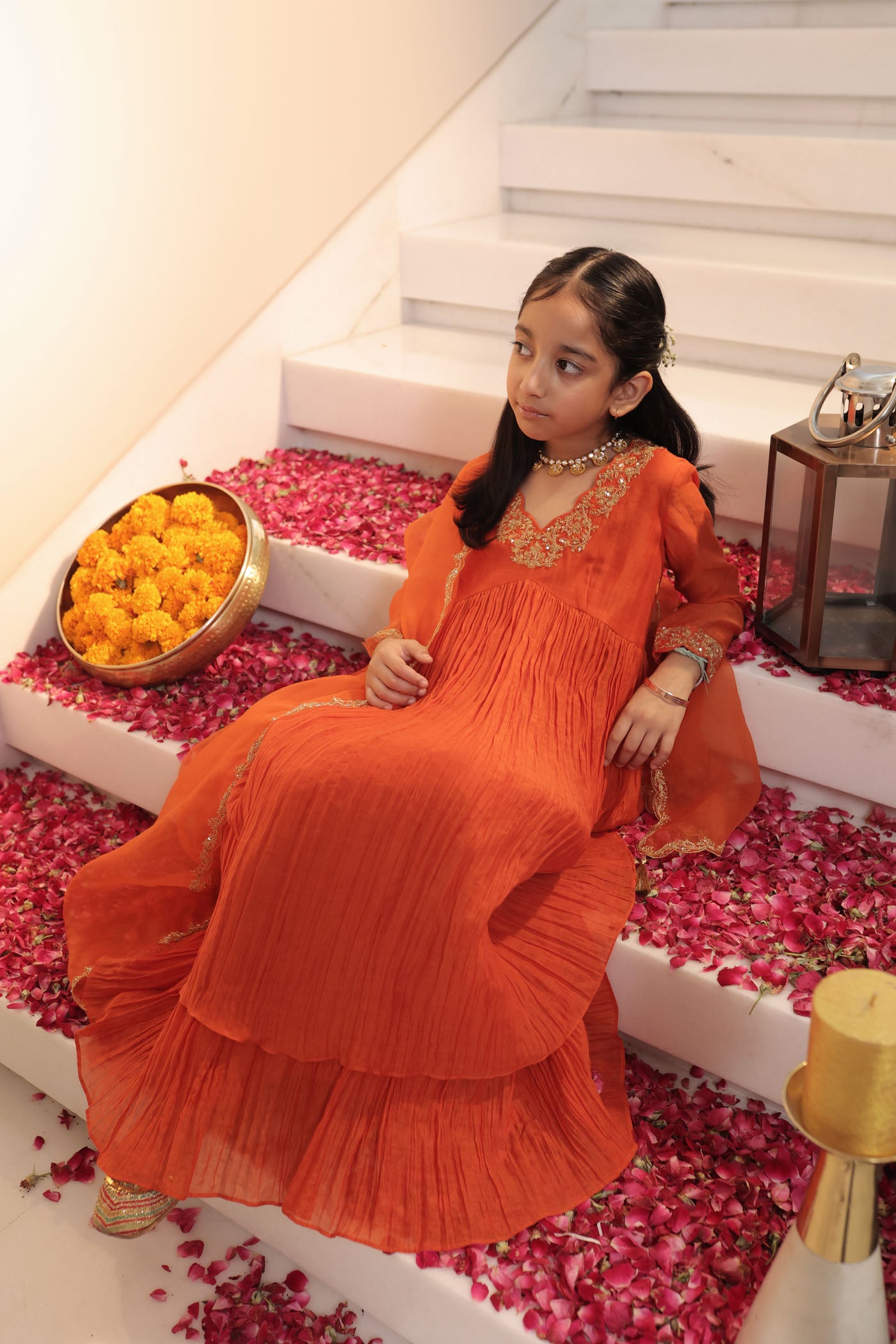 Tangerine micro pleated anarkali set with fine golden zari embroidery