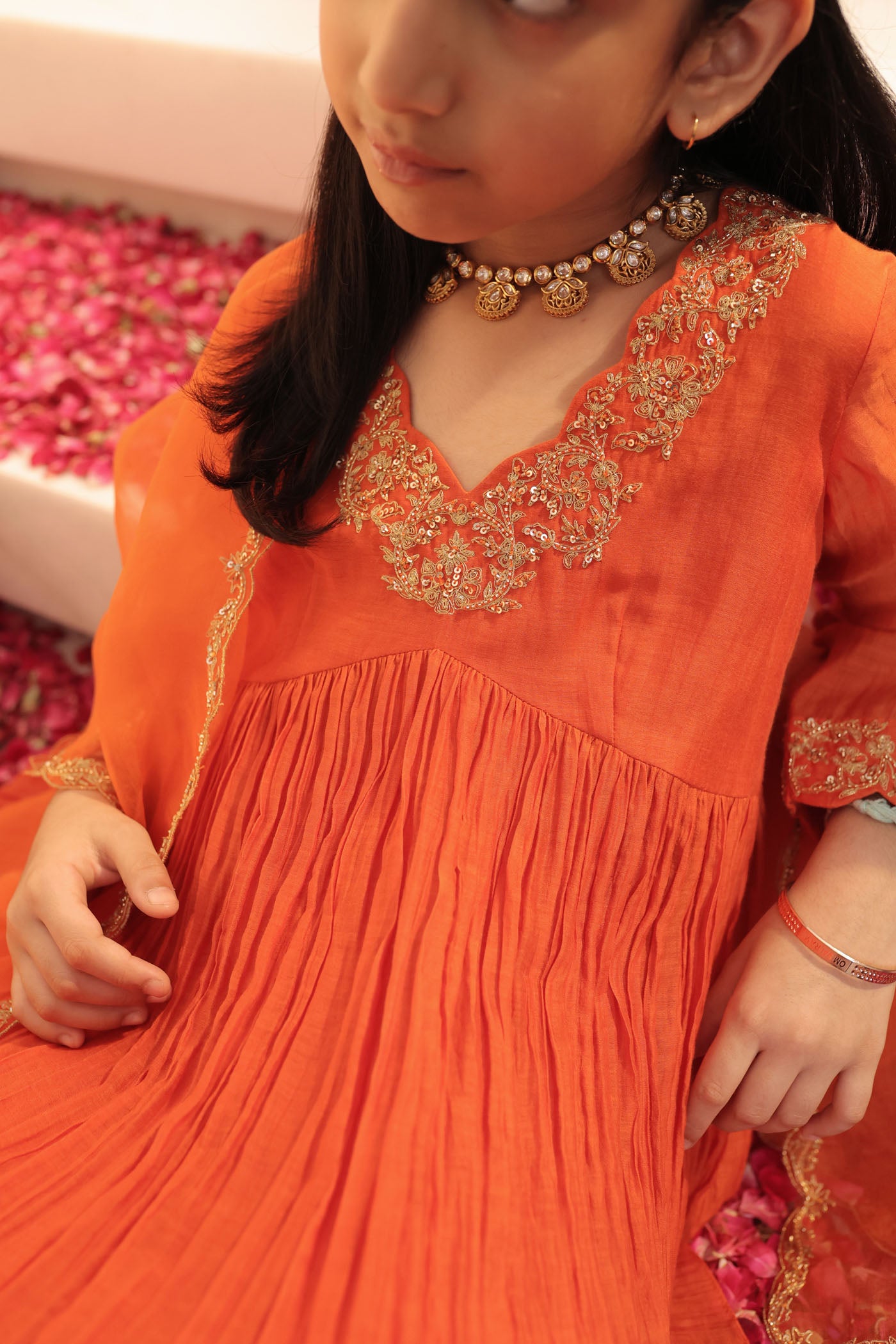 Tangerine micro pleated anarkali set with fine golden zari embroidery