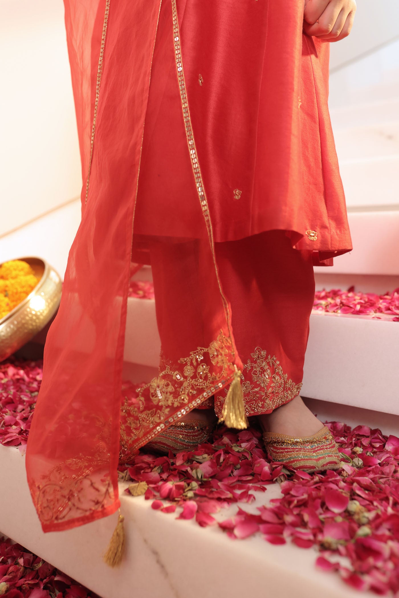 Vibrant red suit adorned with delicate golden zari embroidery and subtle detailing for an elegant festive charm