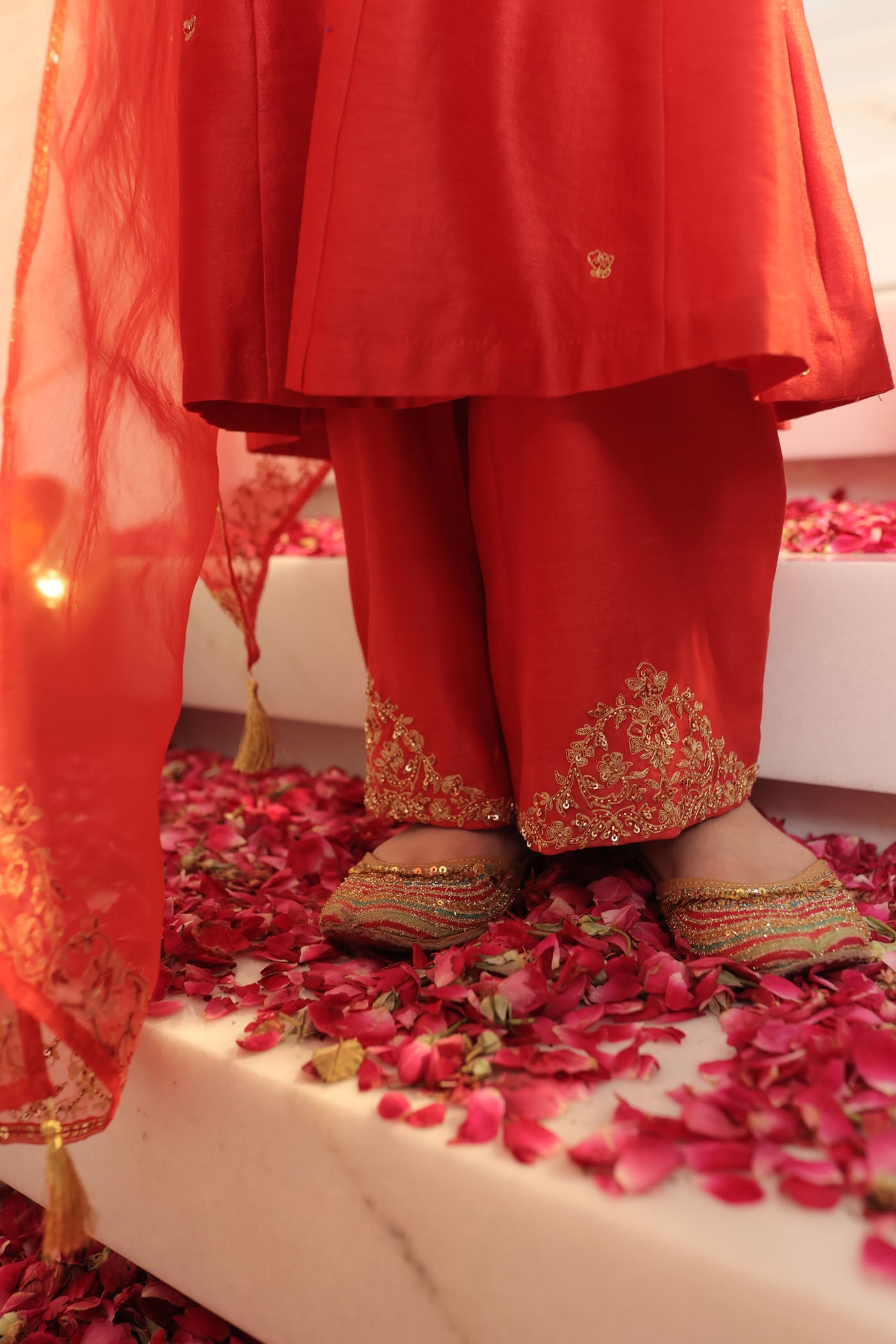 Vibrant red suit adorned with delicate golden zari embroidery and subtle detailing for an elegant festive charm