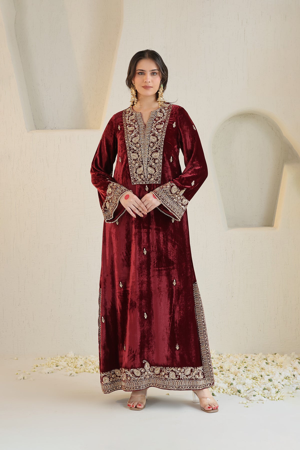 Maroon velvet ensemble with delicate embroidery