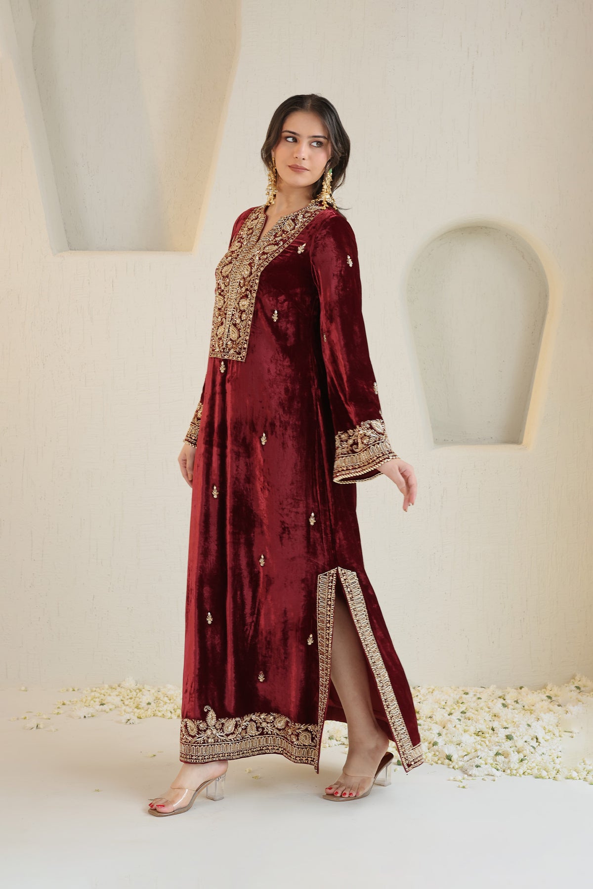 Maroon velvet ensemble with delicate embroidery