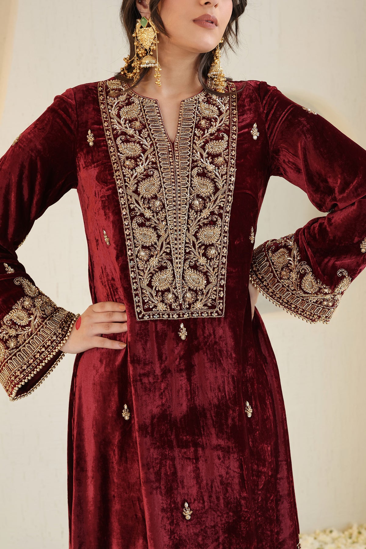 Maroon velvet ensemble with delicate embroidery