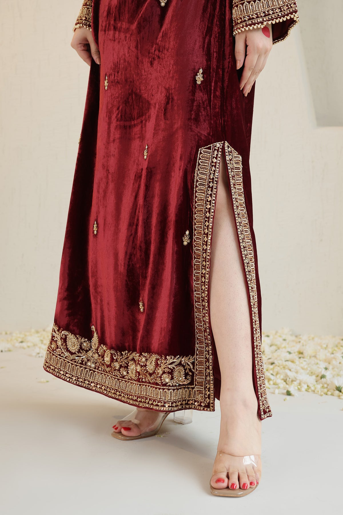 Maroon velvet ensemble with delicate embroidery