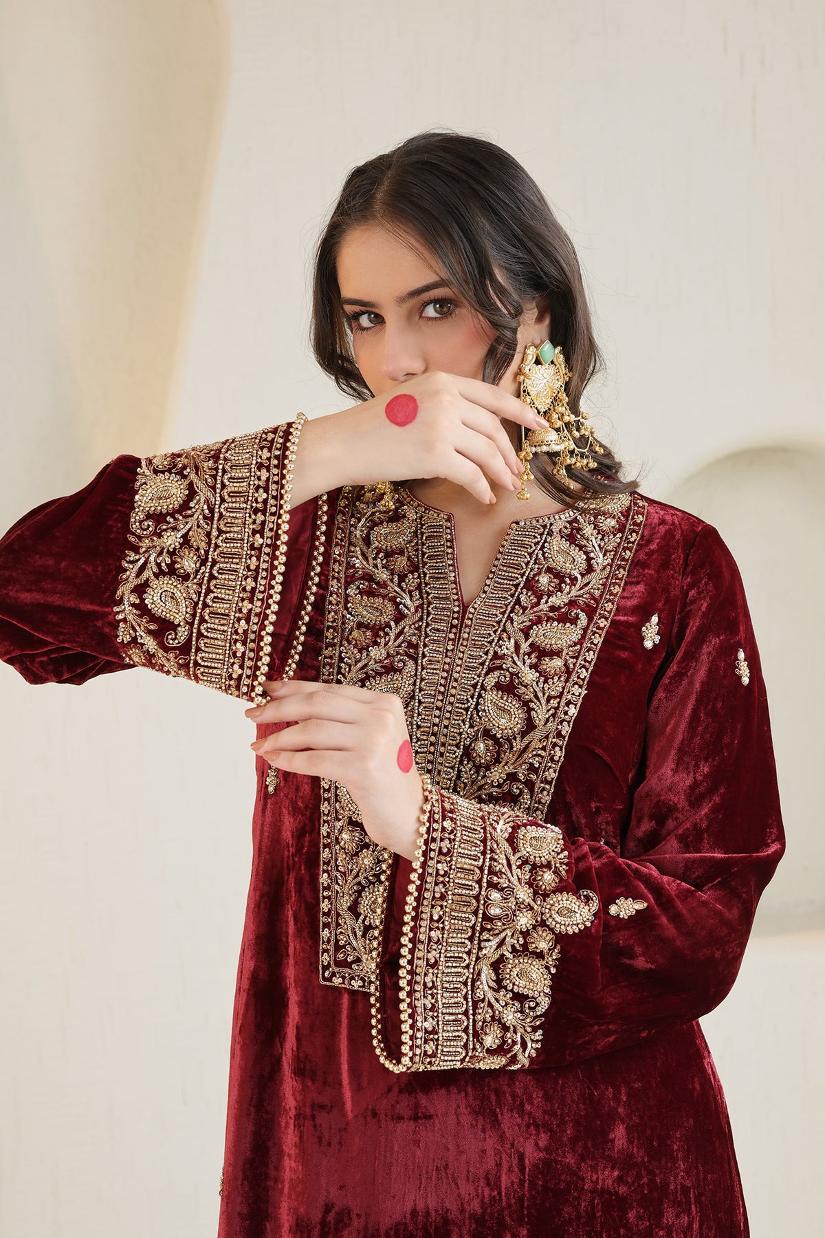 Maroon velvet ensemble with delicate embroidery