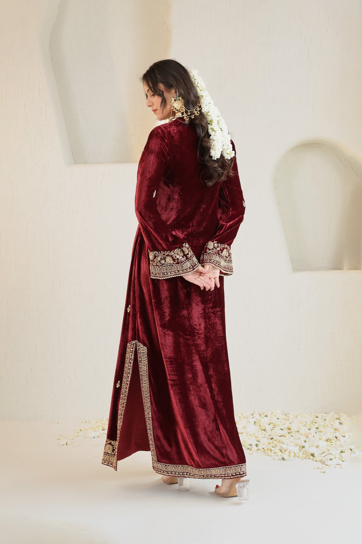 Maroon velvet ensemble with delicate embroidery