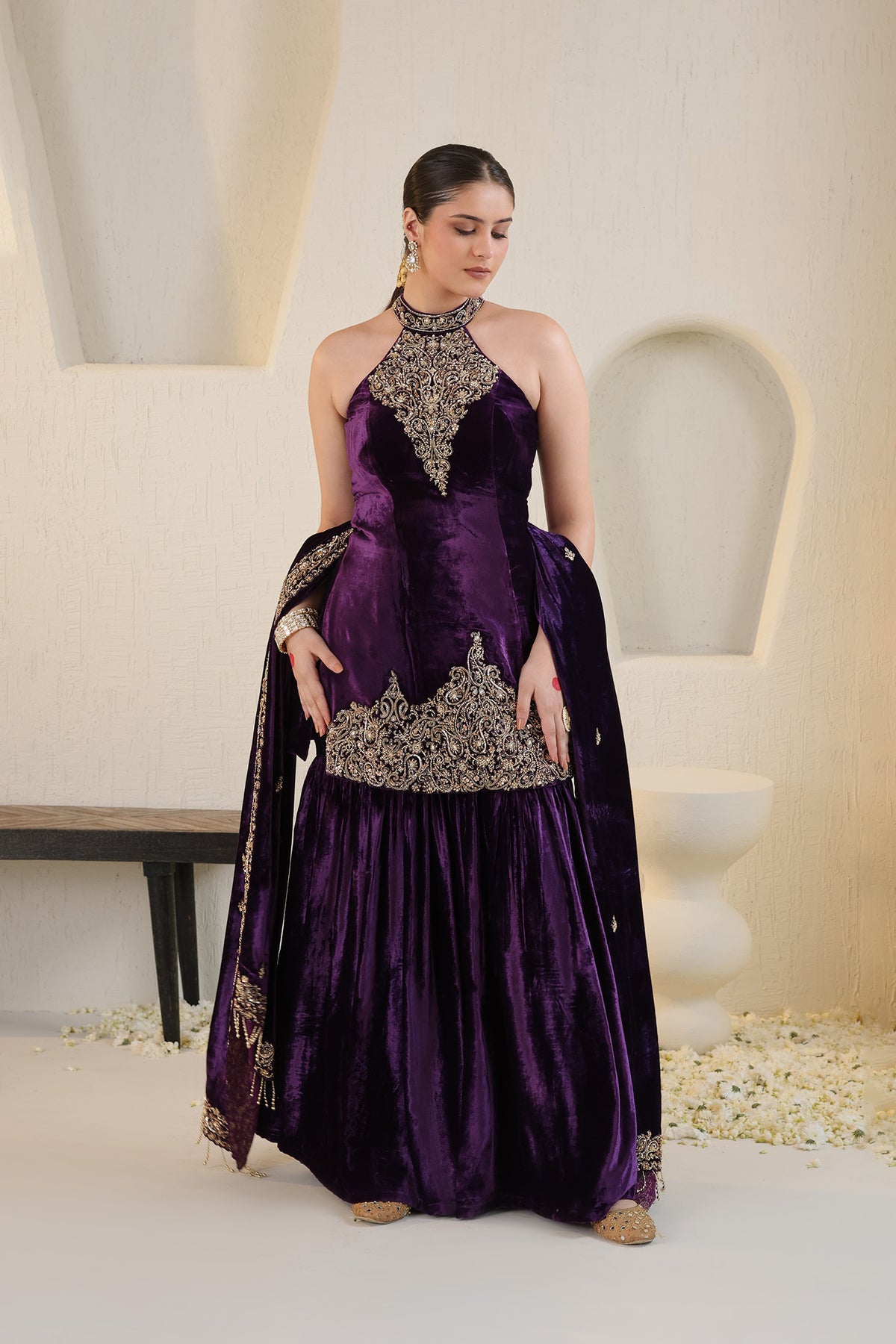 Deep purple halter neck velvet sharara set