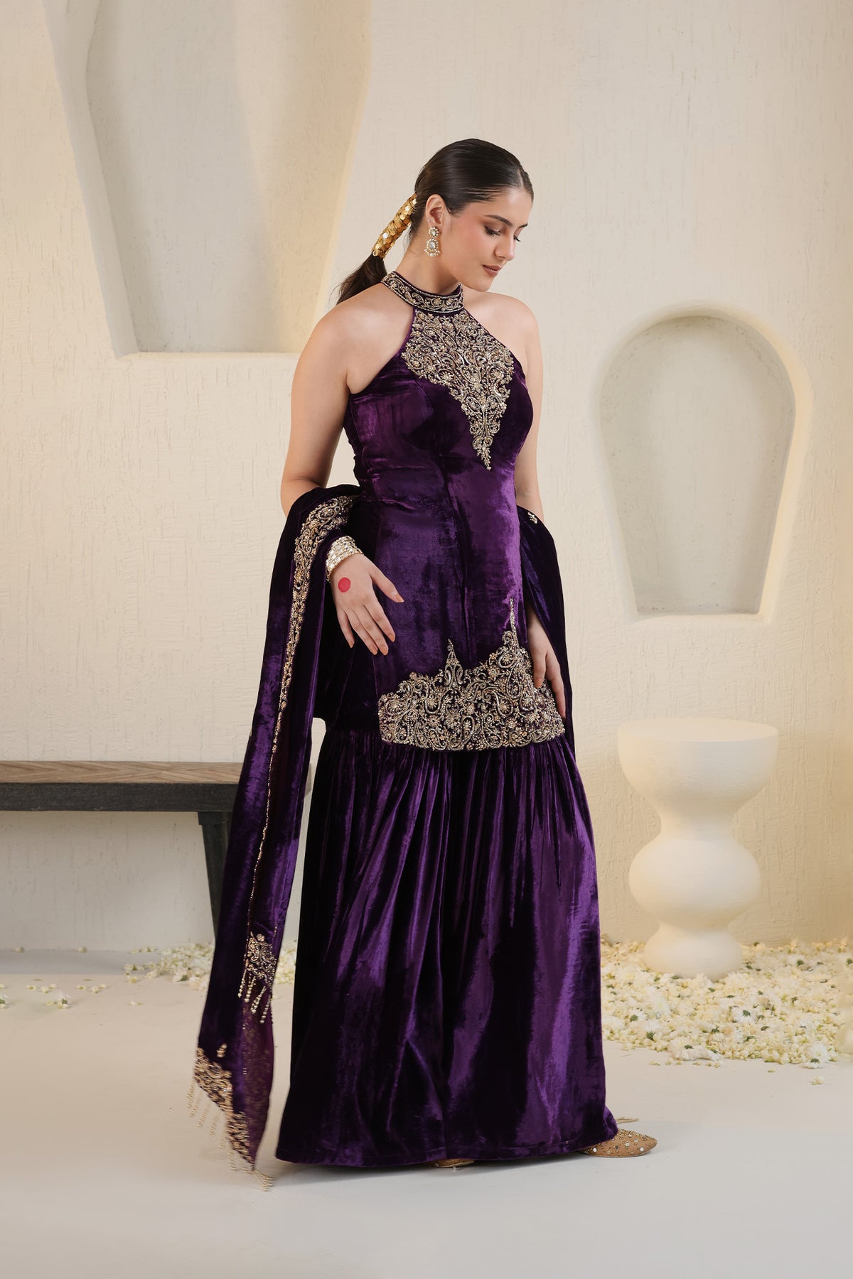 Deep purple halter neck velvet sharara set