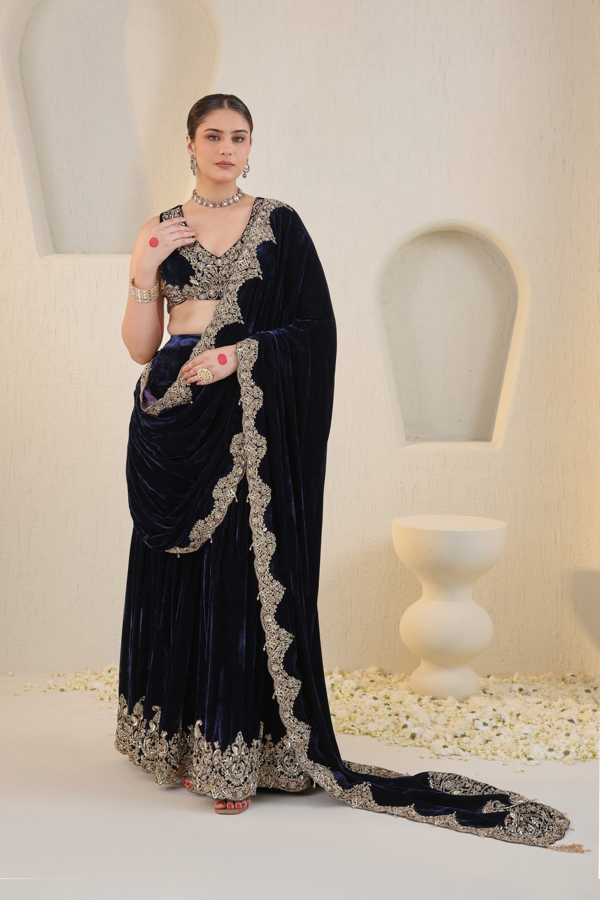Midnight blue embroidered velvet saree