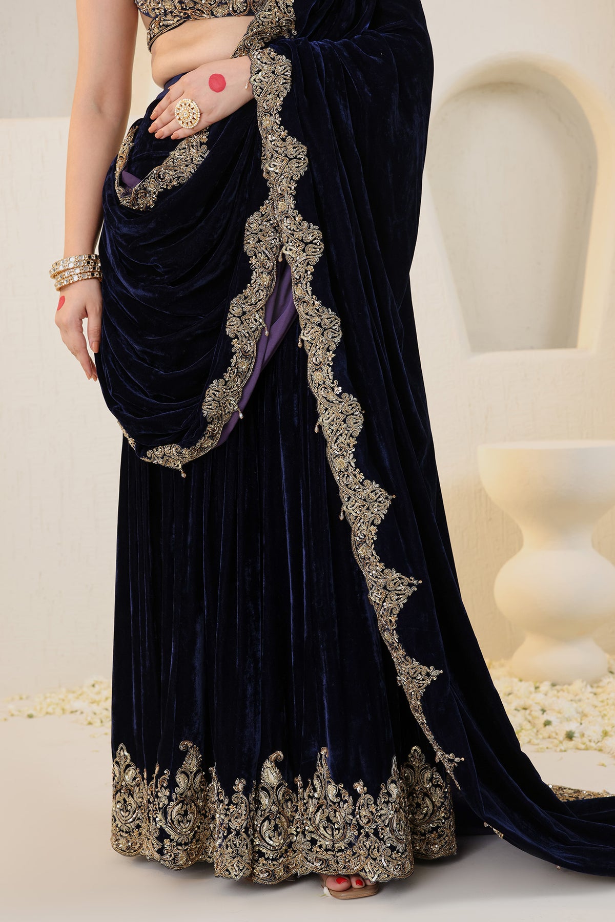 Midnight blue embroidered velvet saree