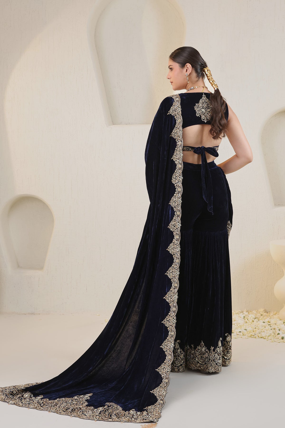 Midnight blue embroidered velvet saree