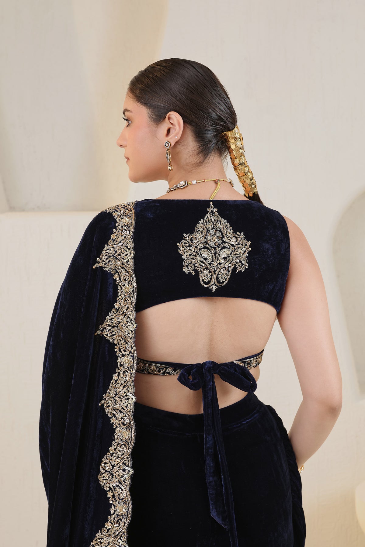 Midnight blue embroidered velvet saree