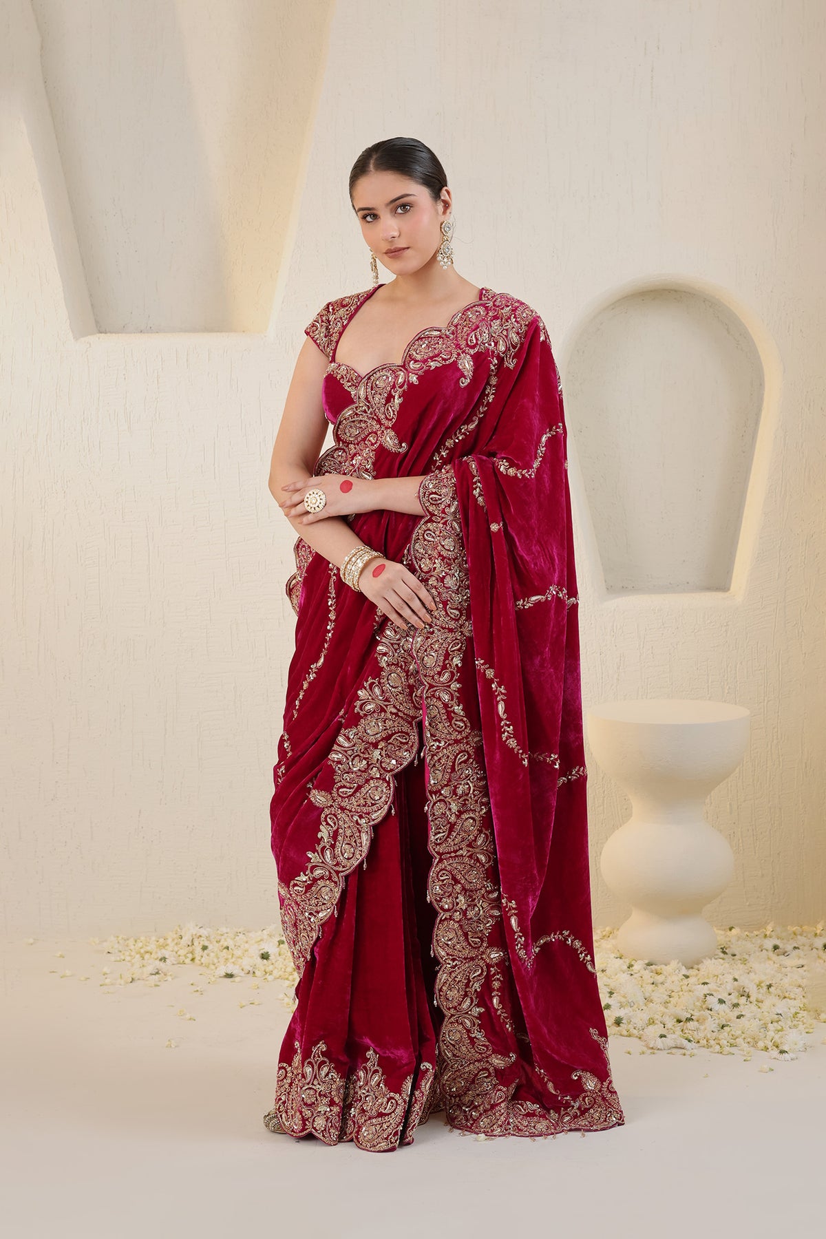 Hot pink velvet saree with gold embroidery