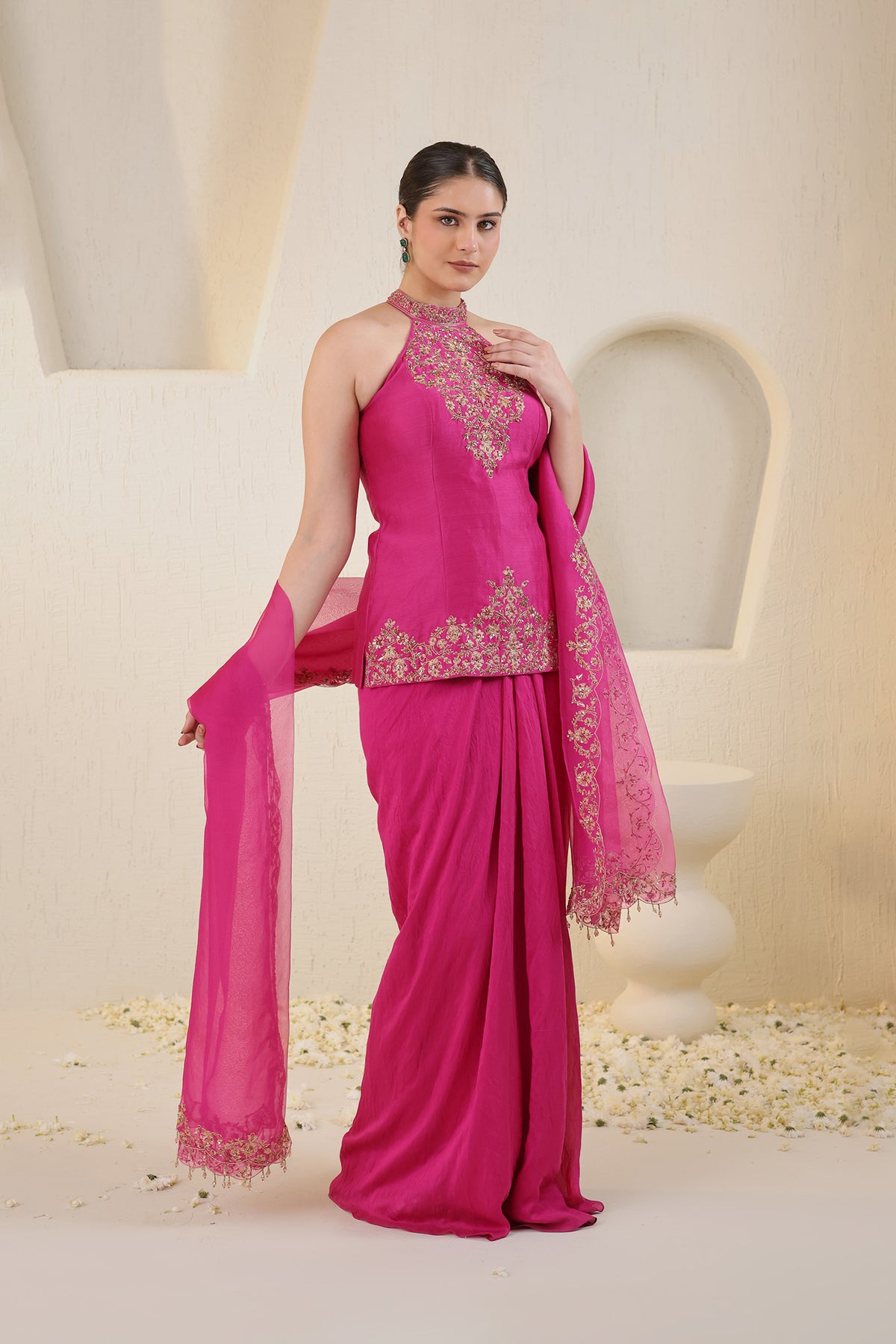 Fushia pink halter neck silk ensemble with embroidered dupatta