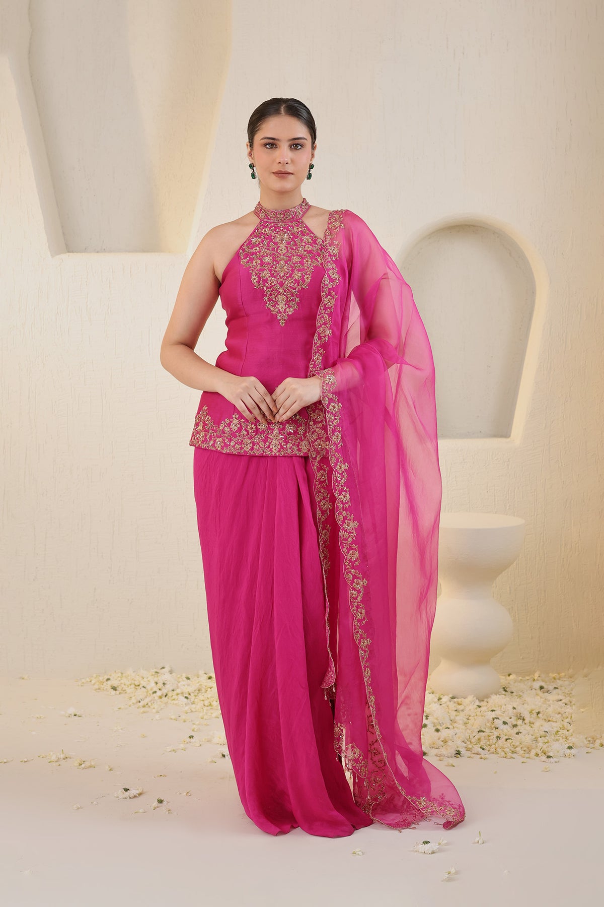 Fushia pink halter neck silk ensemble with embroidered dupatta