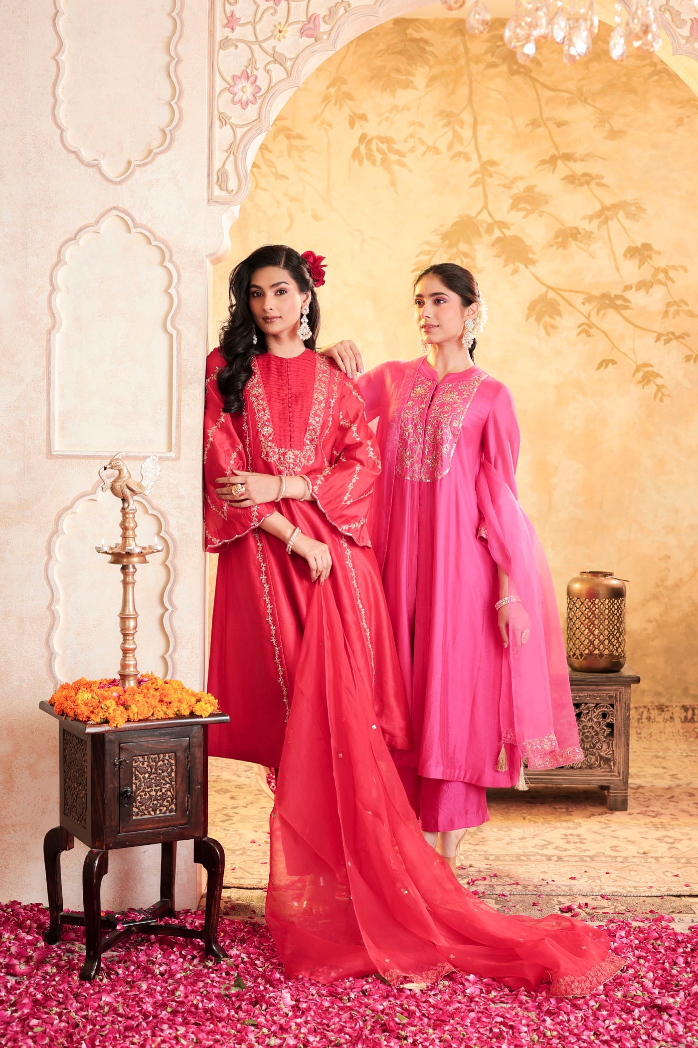 Scarlet red kurta set with floral detailing
