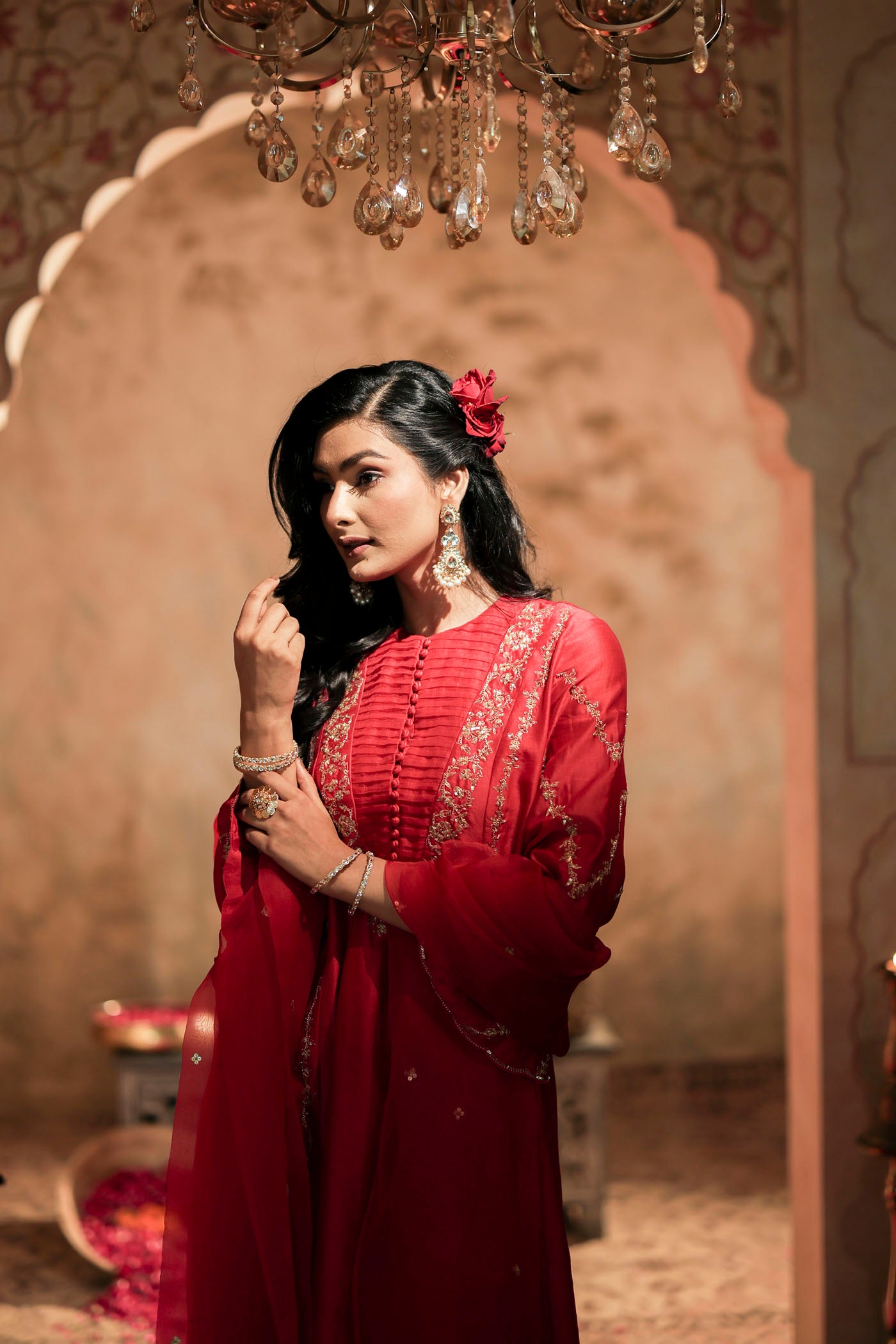 Scarlet red kurta set with floral detailing