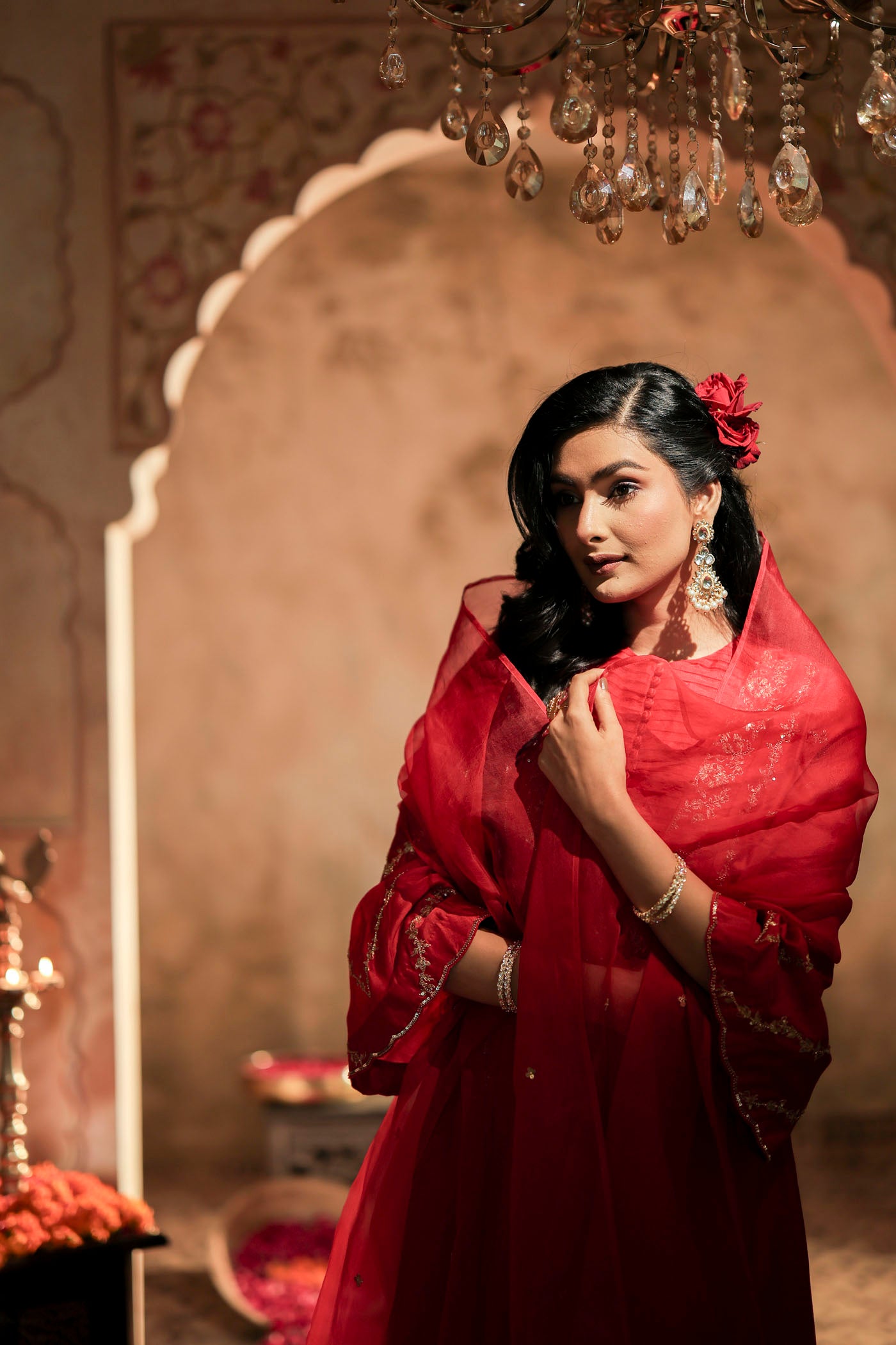 Scarlet red kurta set with floral detailing