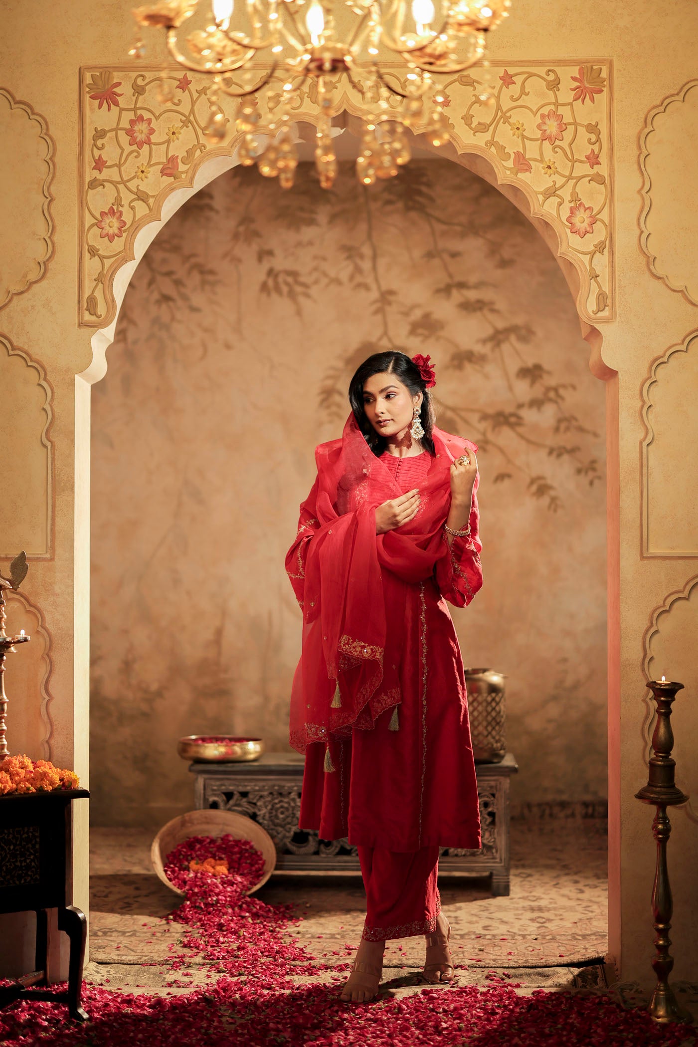 Scarlet red kurta set with floral detailing