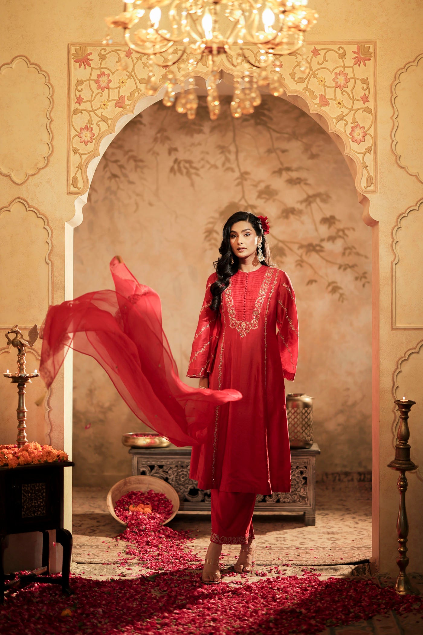 Scarlet red kurta set with floral detailing