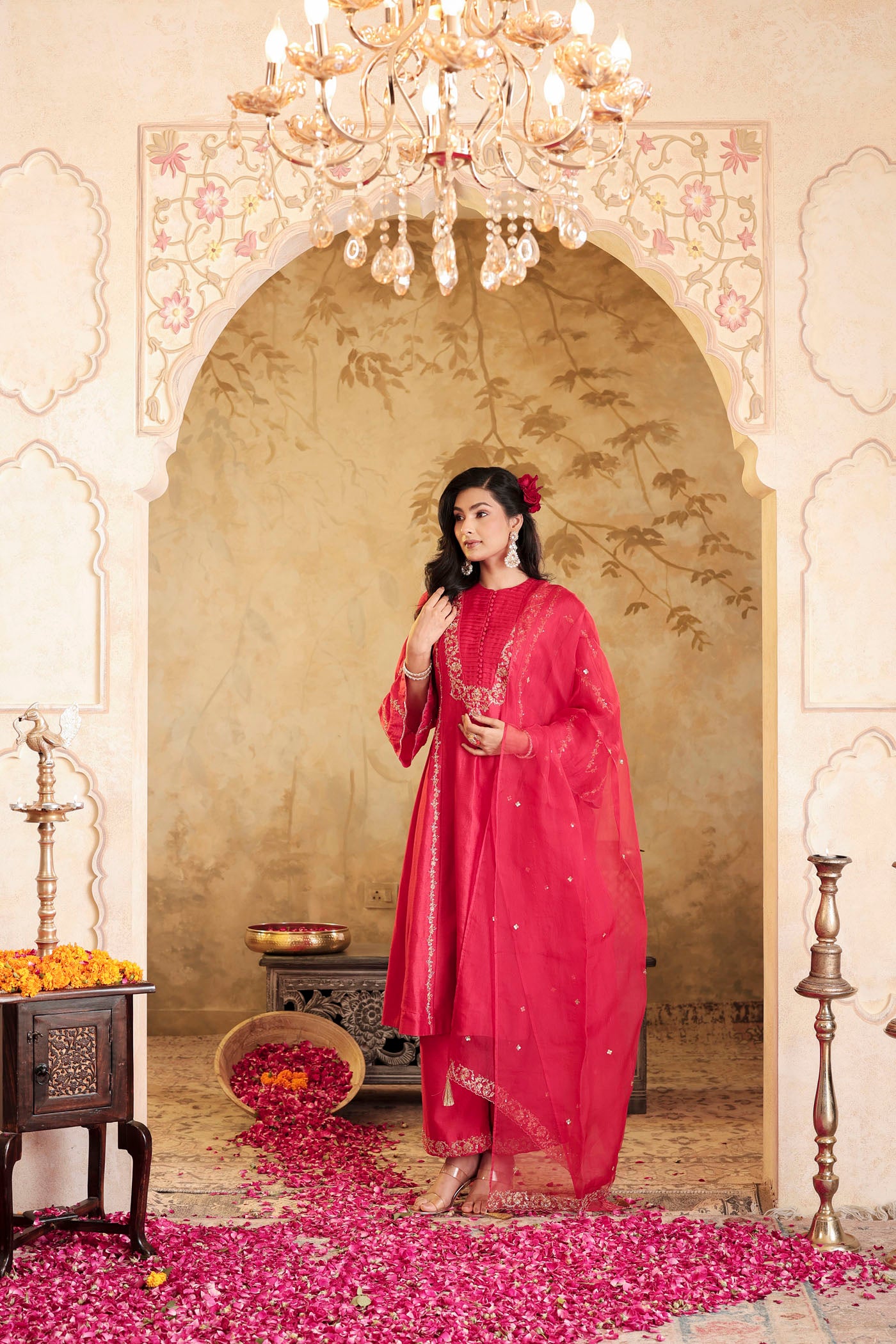 Scarlet red kurta set with floral detailing