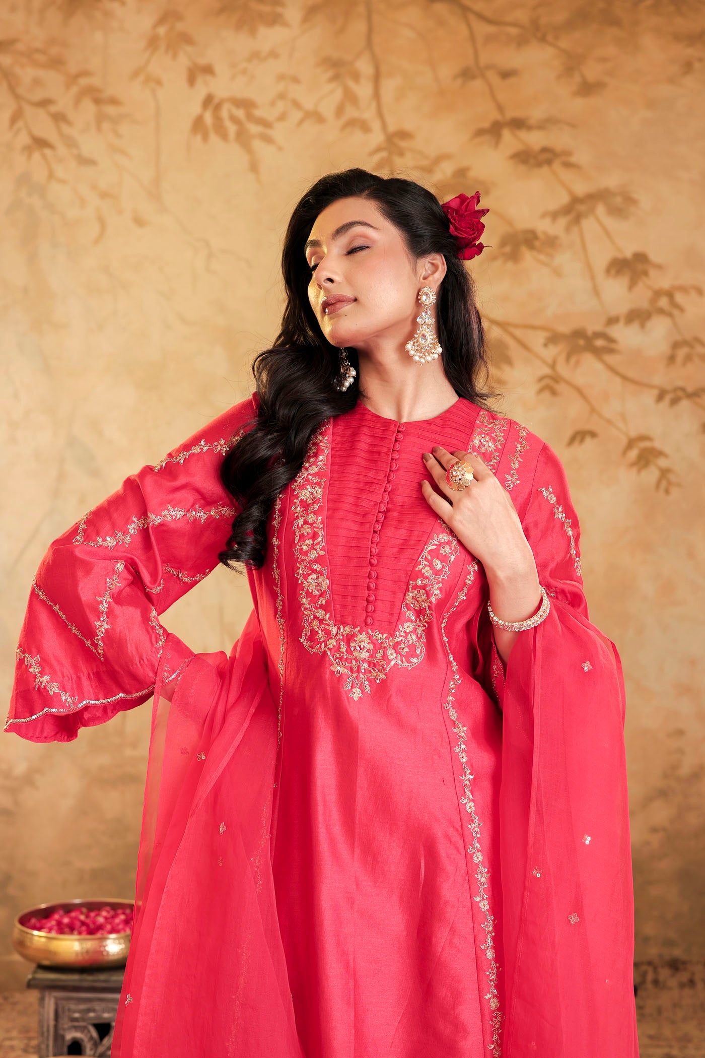 Scarlet red kurta set with floral detailing