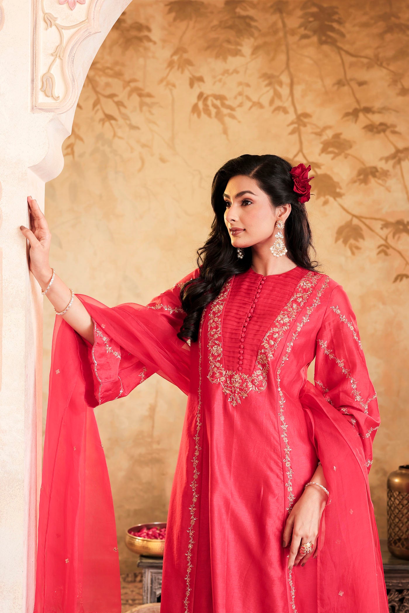 Scarlet red kurta set with floral detailing