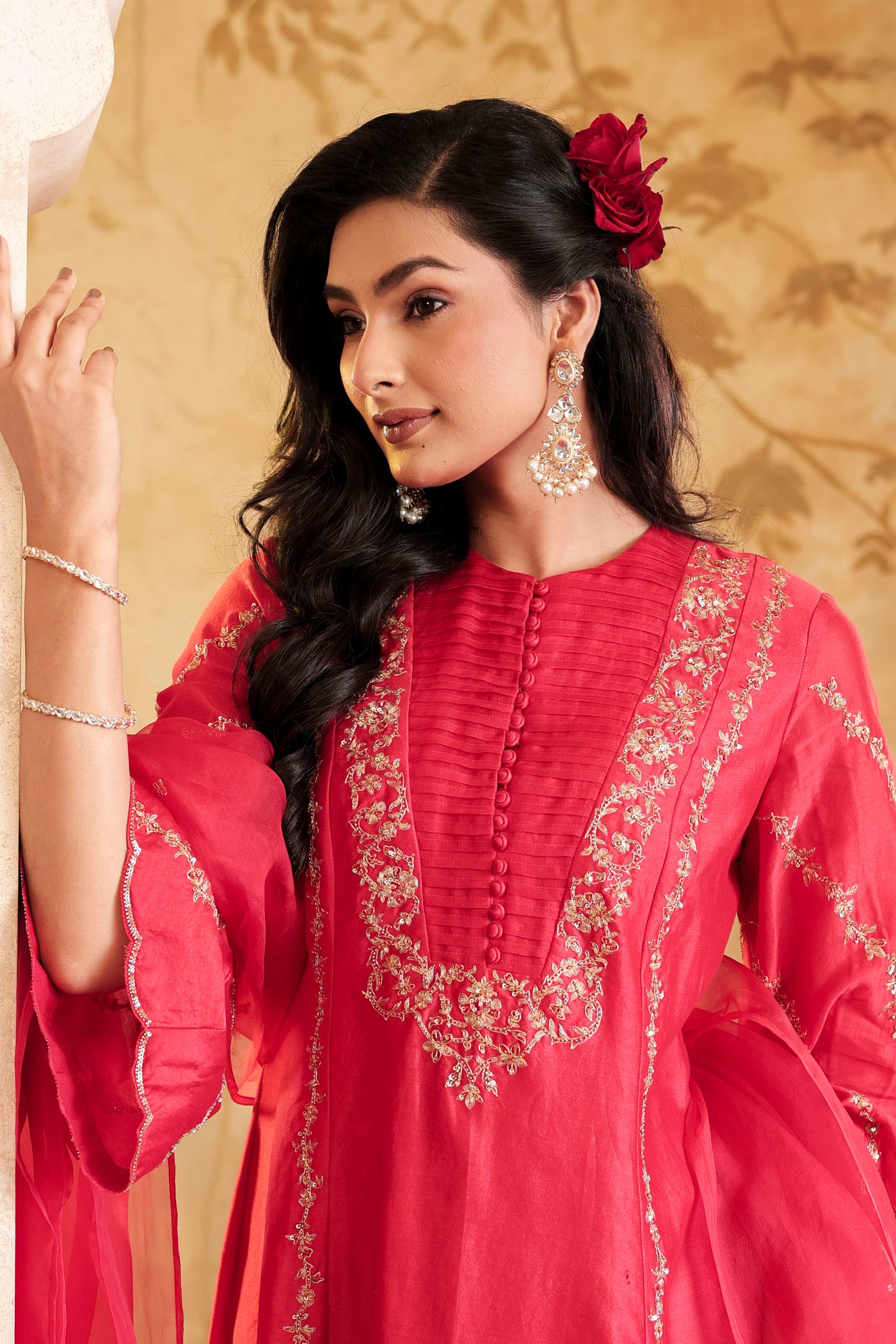 Scarlet red kurta set with floral detailing