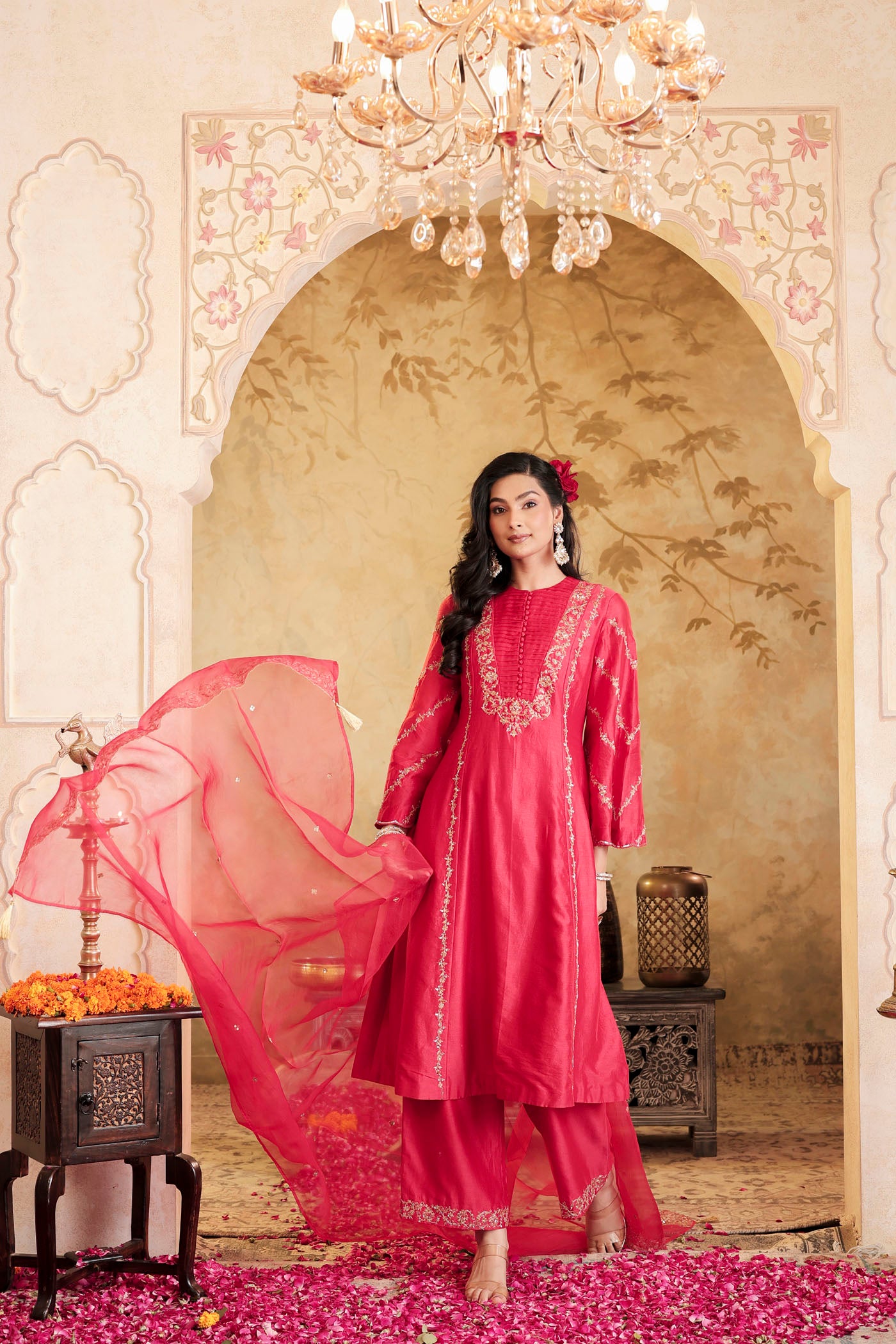 Scarlet red kurta set with floral detailing