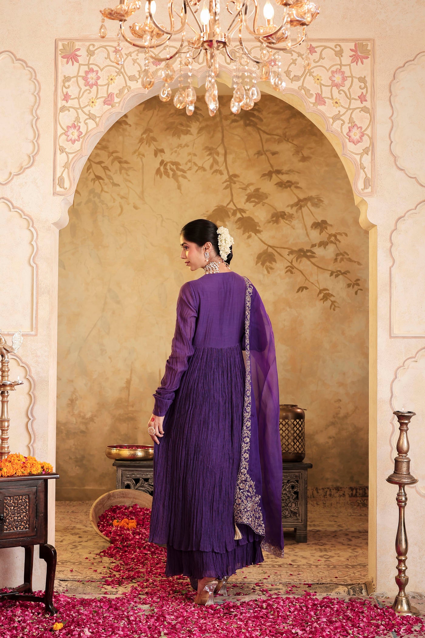 Royal purple anarkali woven with golden dreams