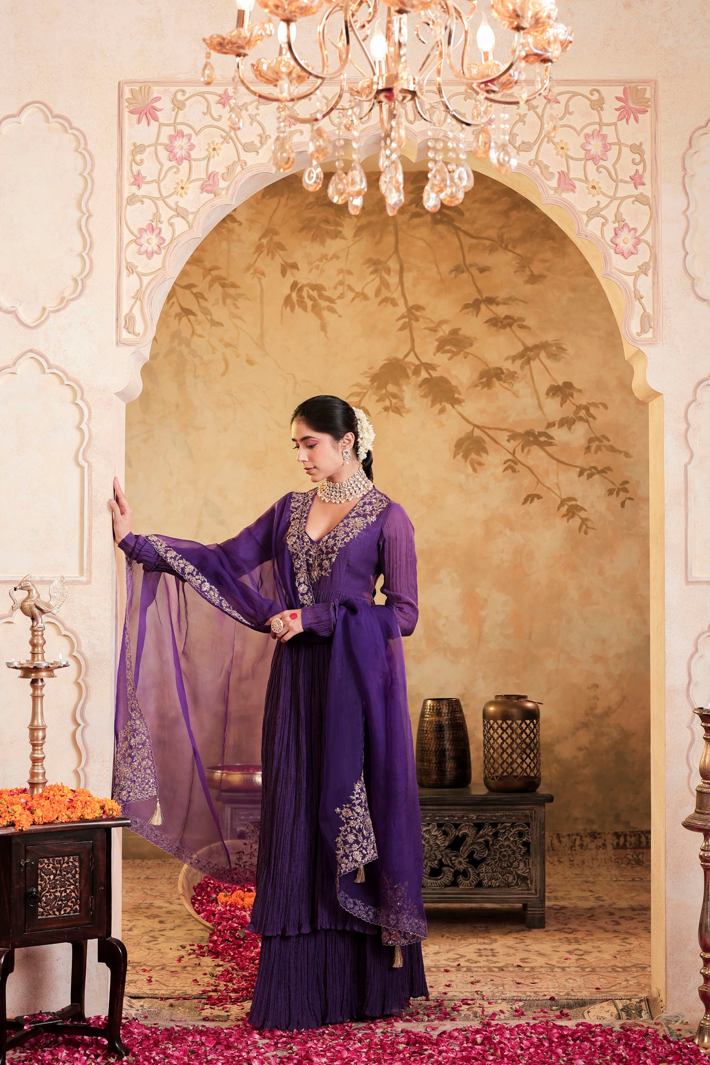 Royal purple anarkali woven with golden dreams