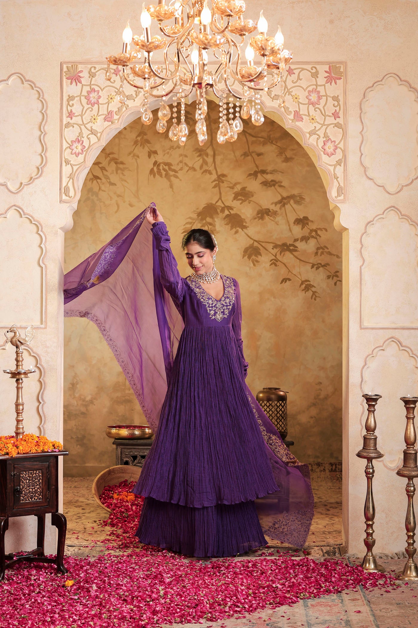 Royal purple anarkali woven with golden dreams