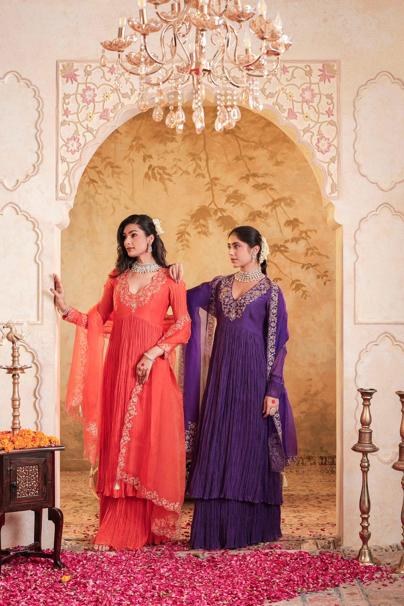 Tangerine micro pleated anarkali set with fine golden zari embroidery