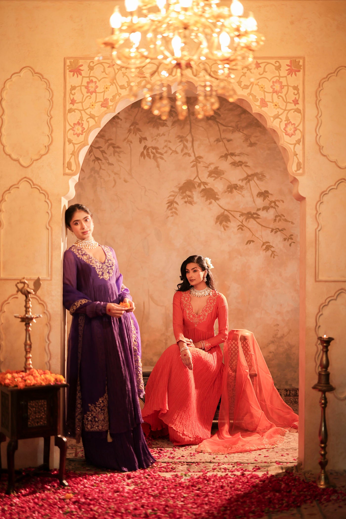 Tangerine micro pleated anarkali set with fine golden zari embroidery