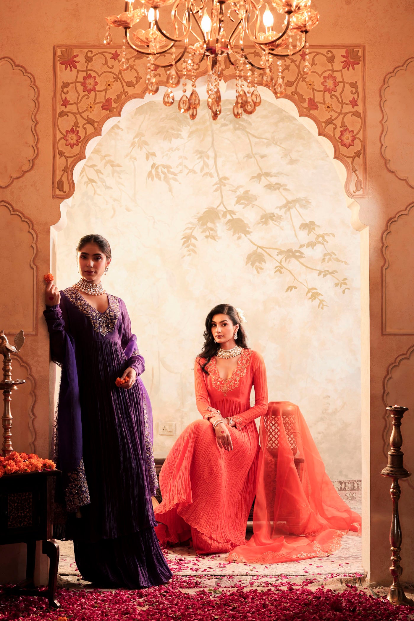 Tangerine micro pleated anarkali set with fine golden zari embroidery