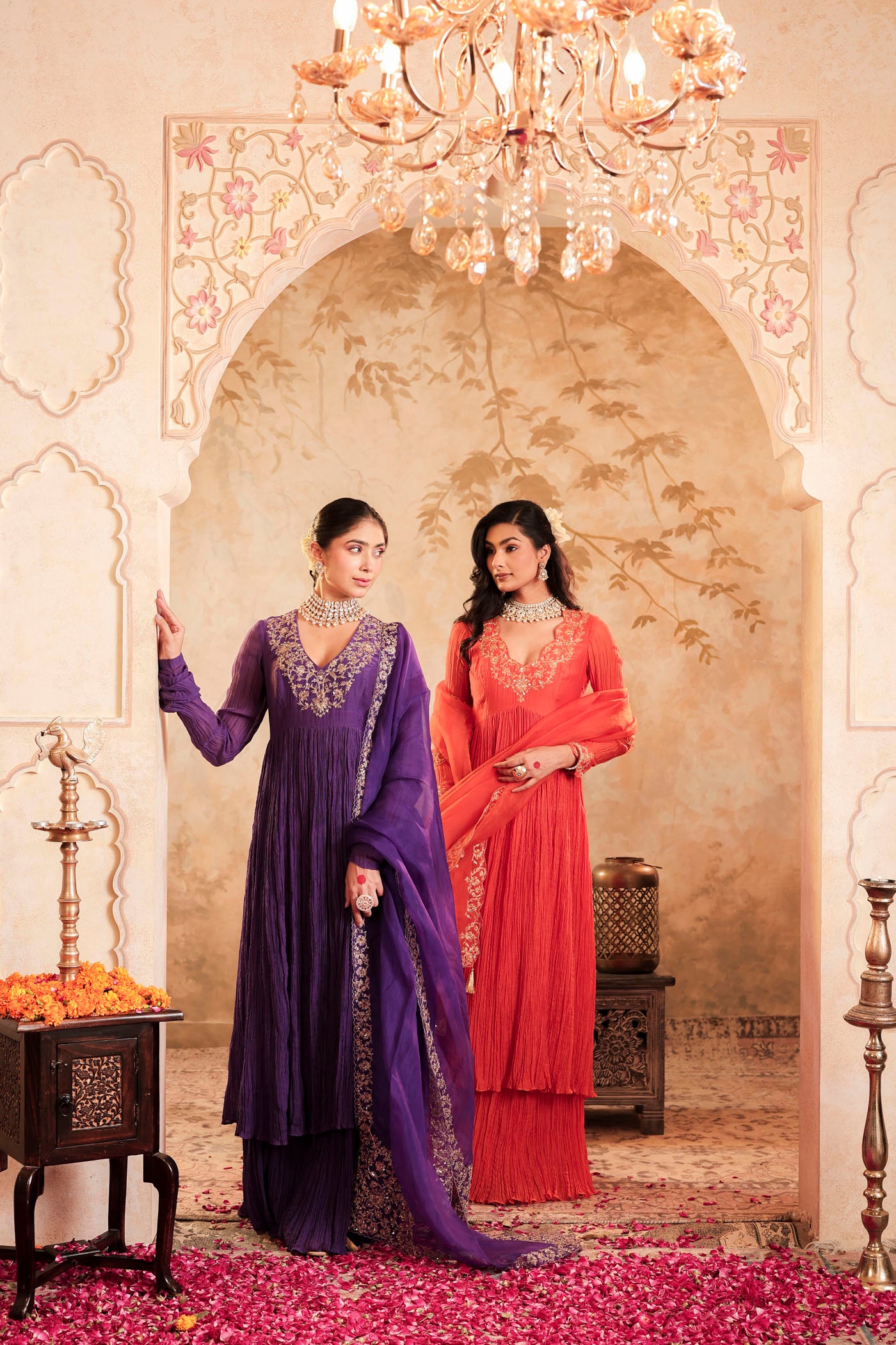 Tangerine micro pleated anarkali set with fine golden zari embroidery