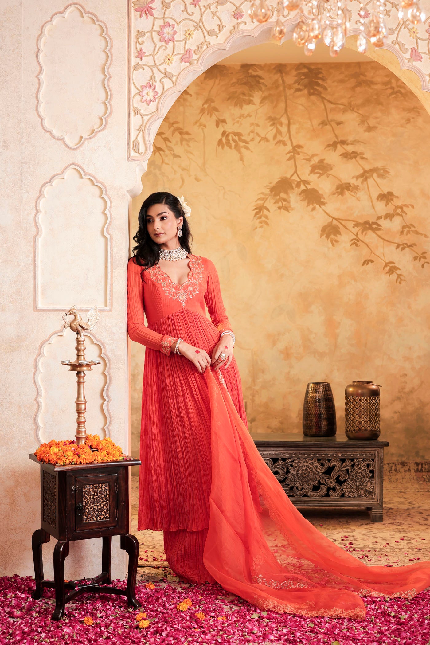 Tangerine micro pleated anarkali set with fine golden zari embroidery