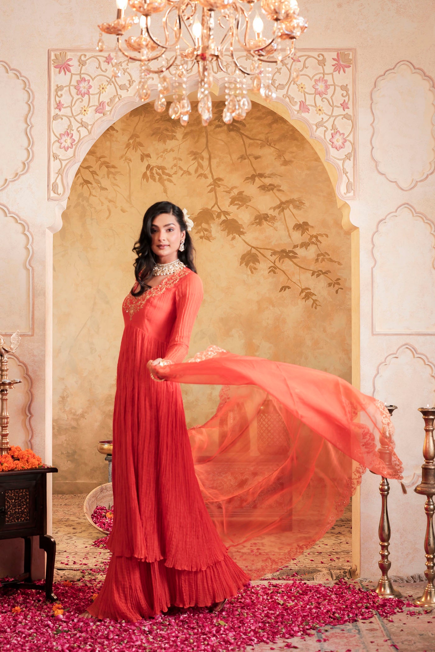 Tangerine micro pleated anarkali set with fine golden zari embroidery