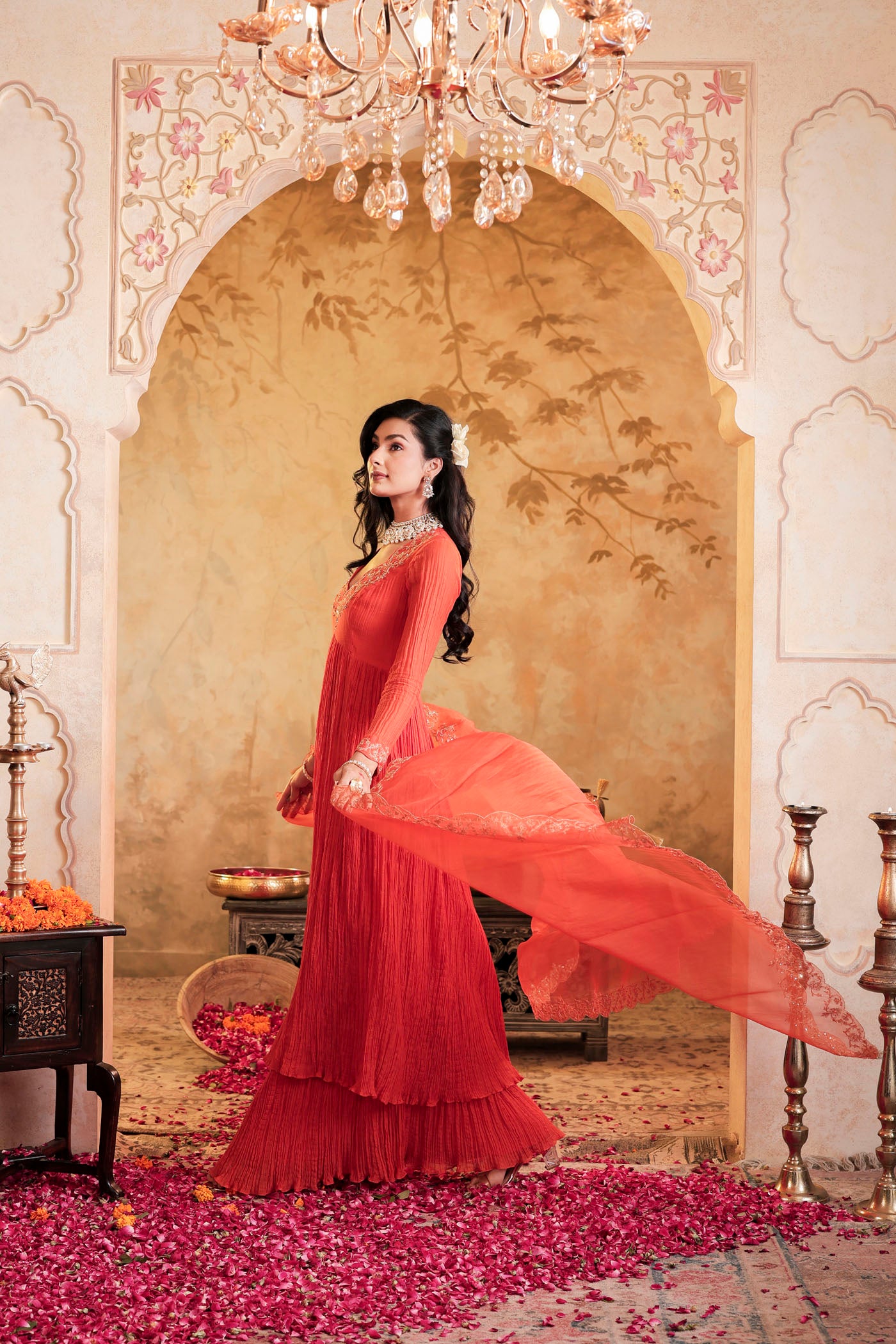 Tangerine micro pleated anarkali set with fine golden zari embroidery