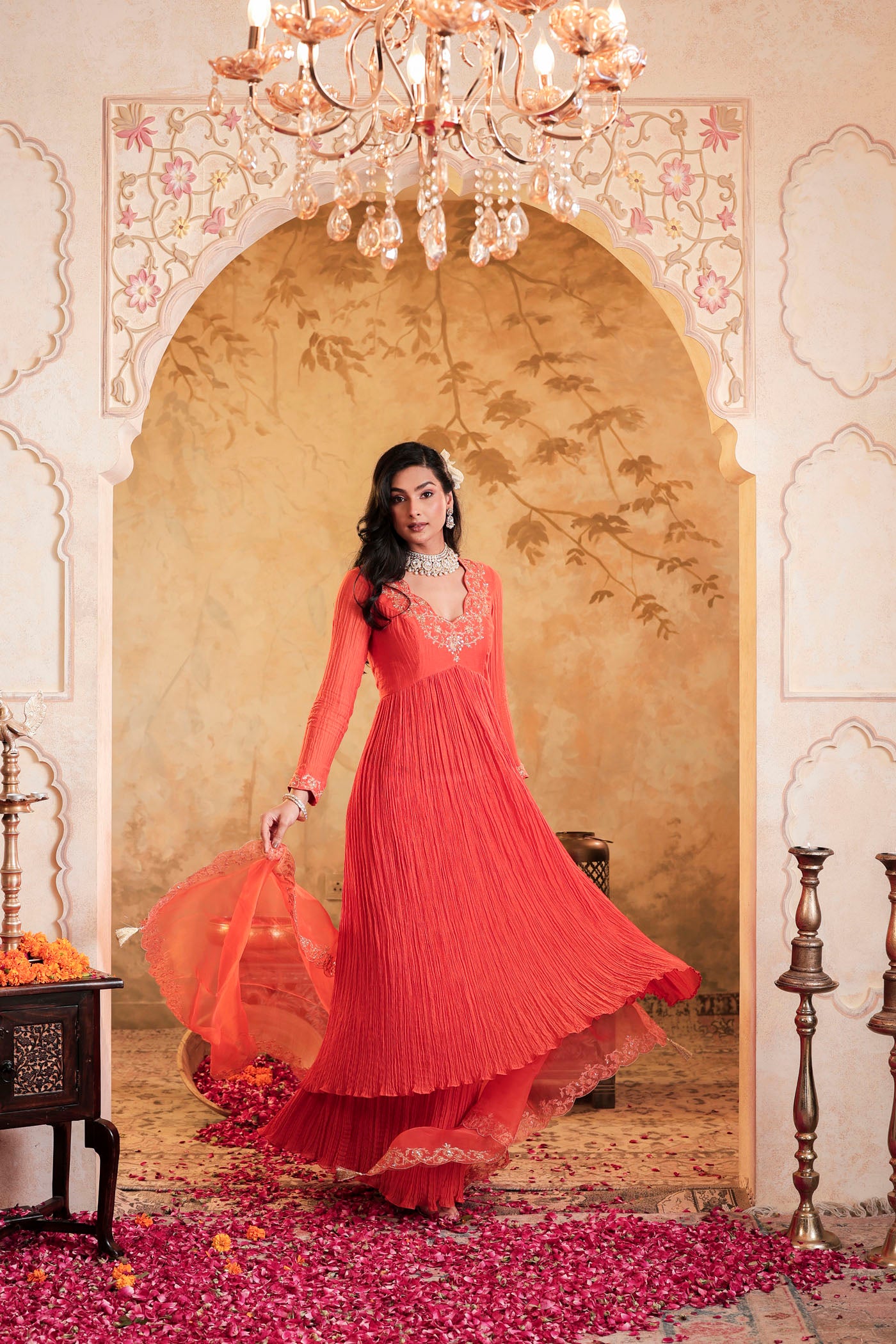 Tangerine micro pleated anarkali set with fine golden zari embroidery