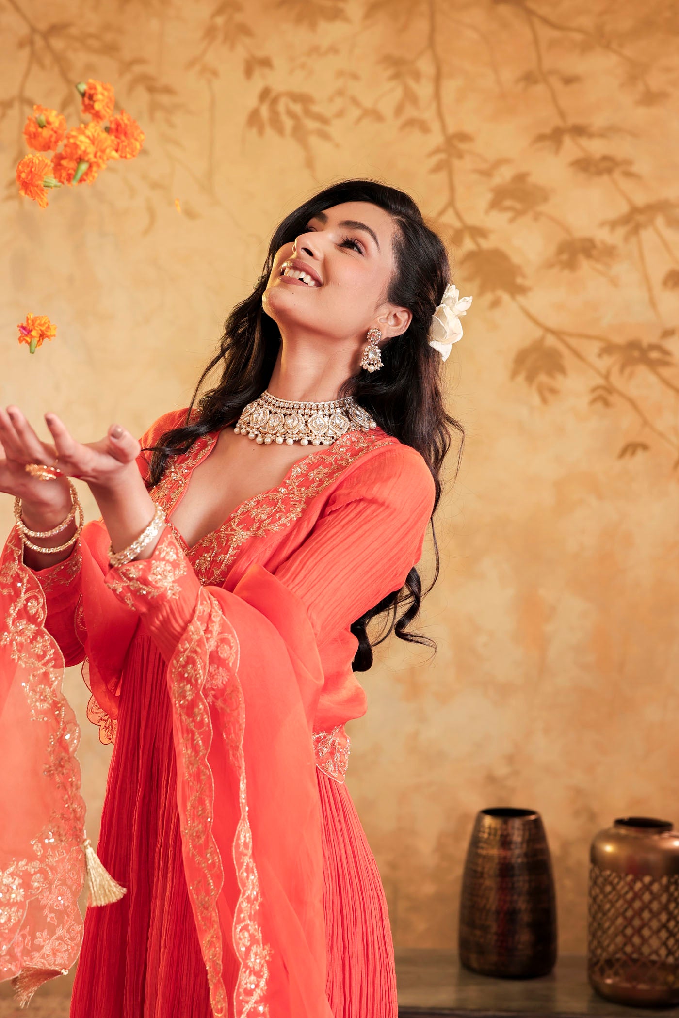 Tangerine micro pleated anarkali set with fine golden zari embroidery