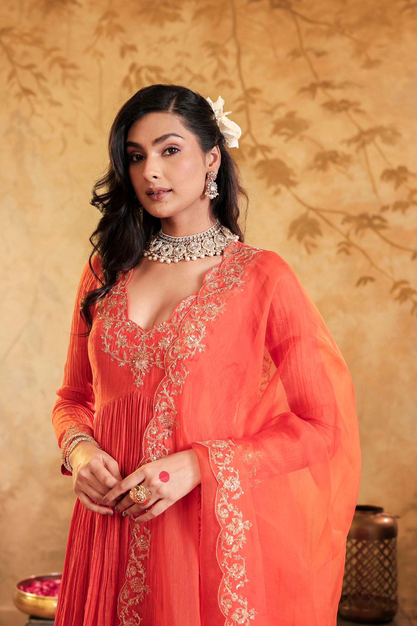 Tangerine micro pleated anarkali set with fine golden zari embroidery
