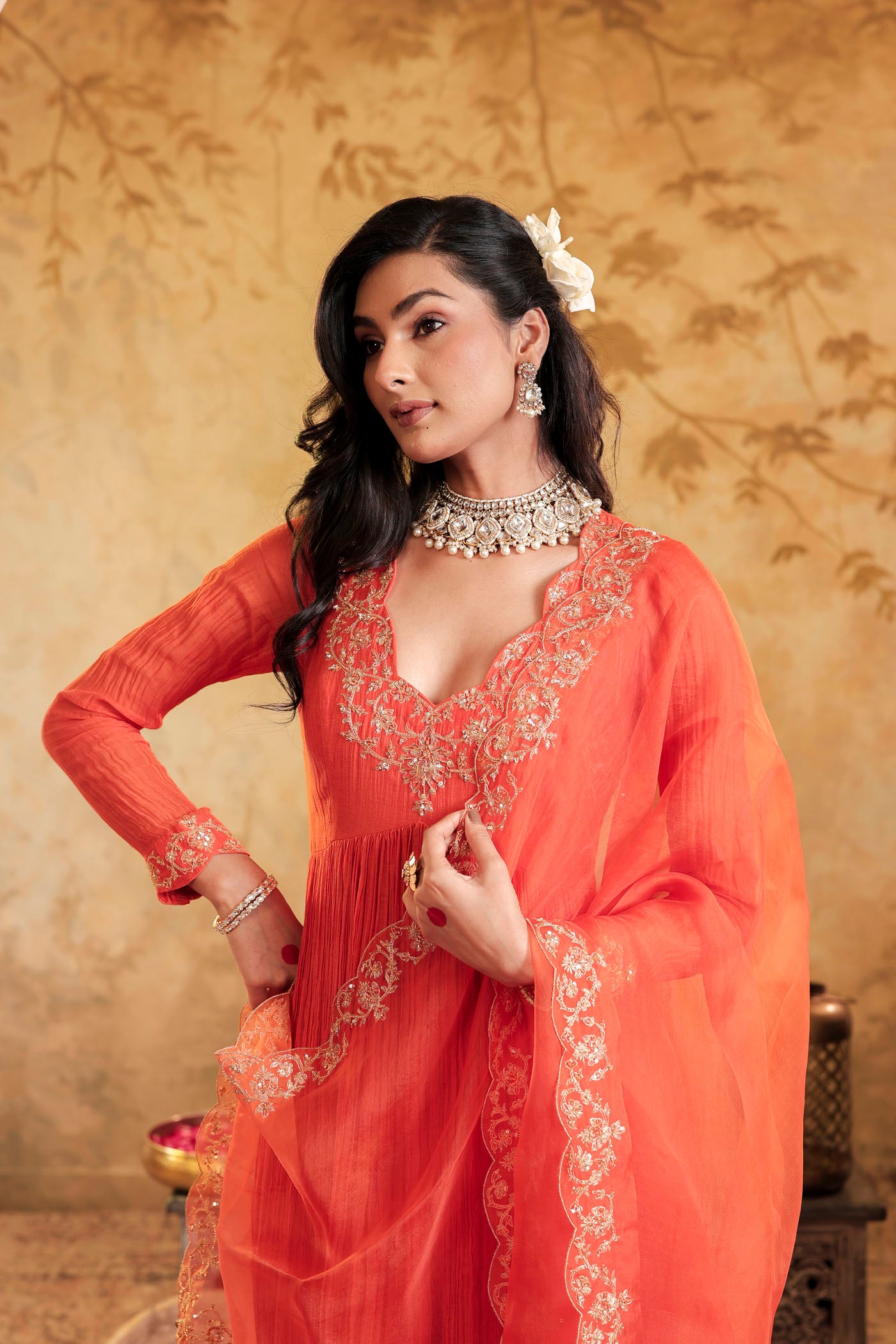 Tangerine micro pleated anarkali set with fine golden zari embroidery