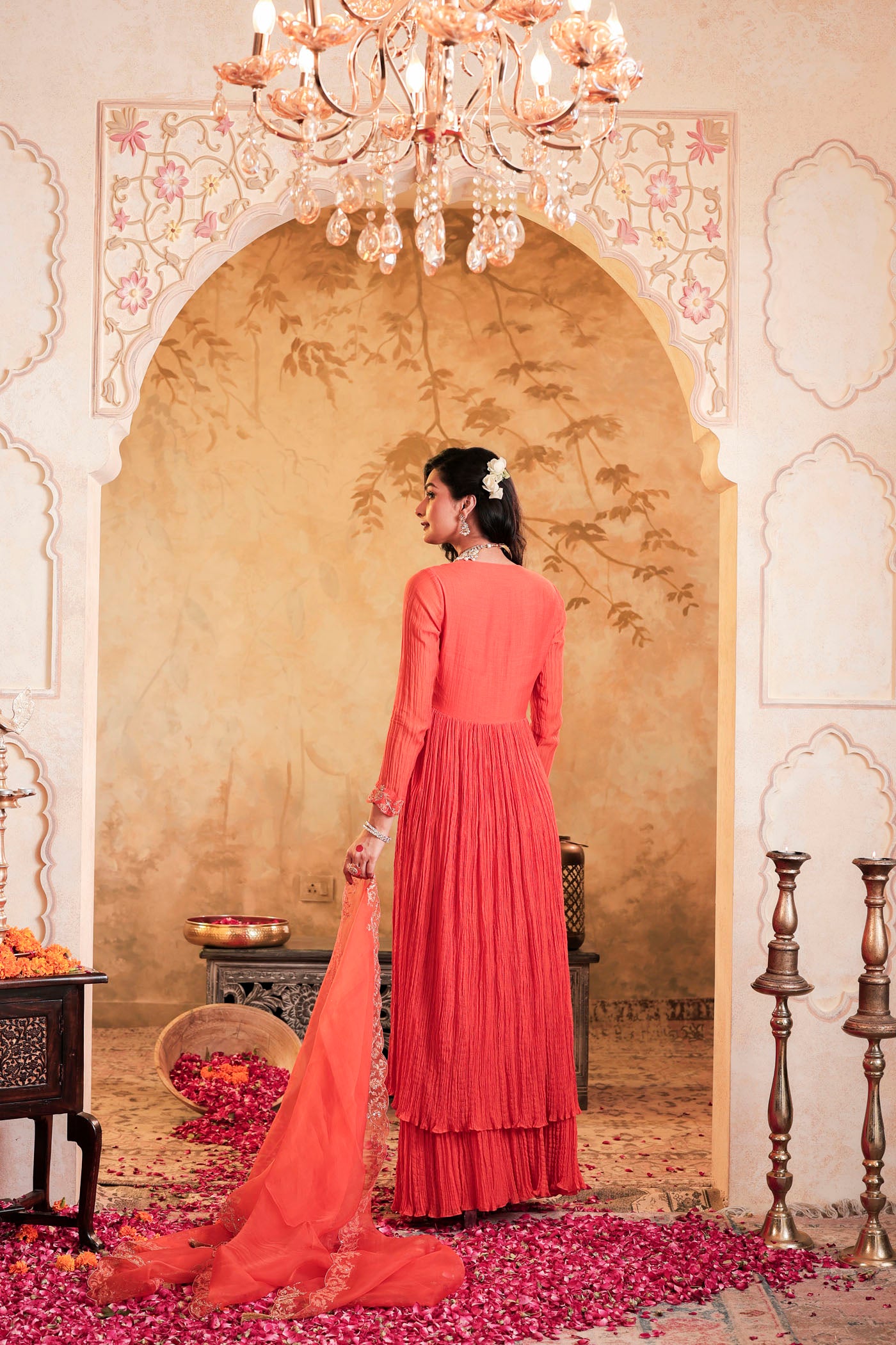 Tangerine micro pleated anarkali set with fine golden zari embroidery